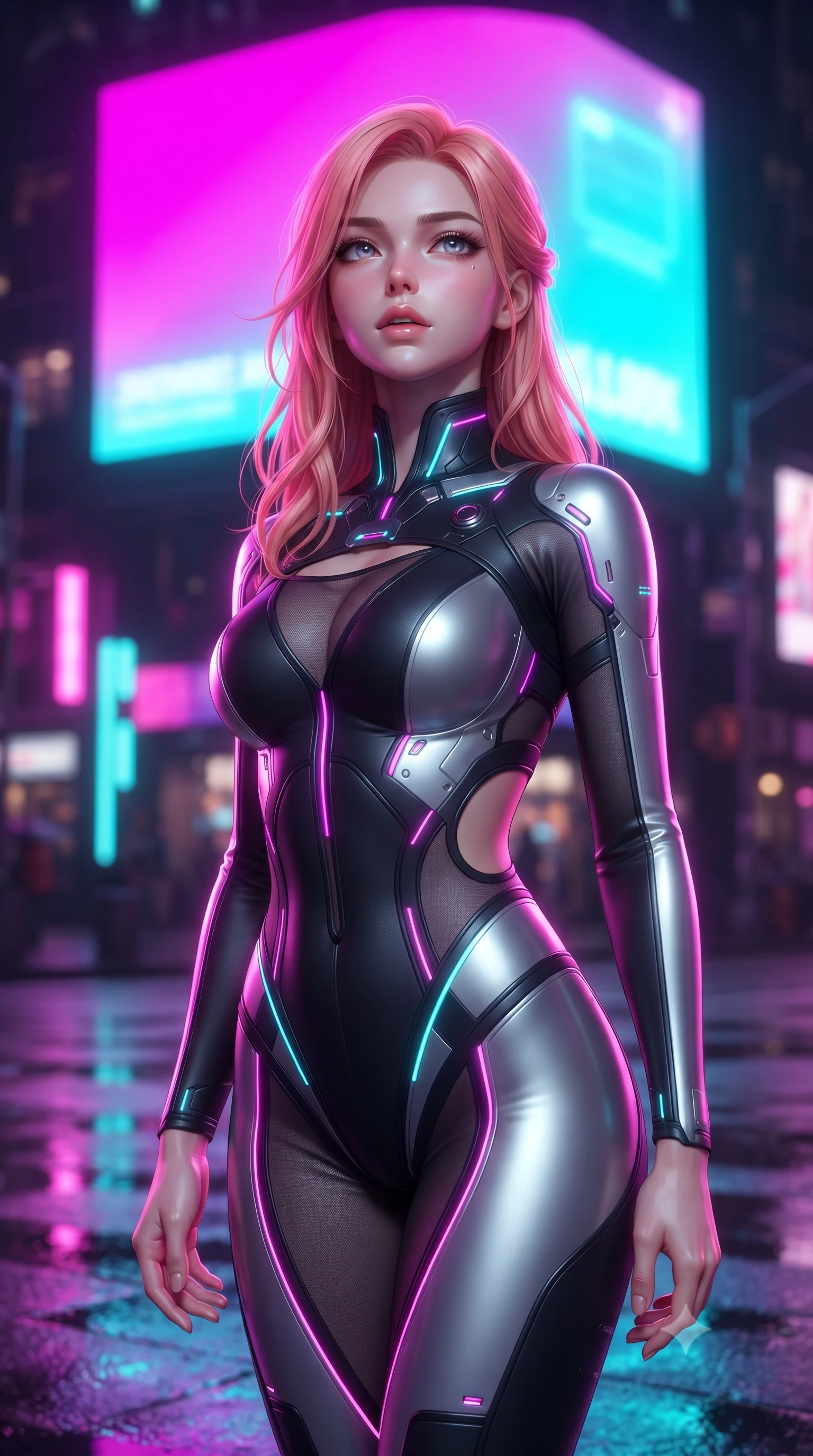 score_9, masterpiece, best quality, ultra-detailed, high-budget anime keyframe, editorial fashion photography, tasteful artistic composition, Japanese woman. close-up cowboy shot from the waist and thighs up, the character dominates the composition, filling the frame with her large presence, background elements kept in soft focus. Tilting her chin up slightly with lips parted in a magnetic, composed expression poised under a towering neon billboard emitting vibrant magenta and cyan light, wet asphalt reflecting glowing pink, purple, and aqua neon light bars. She has an exceptionally elegant, slender, and willowy female figure with an ultra-slim waist, a gracefully sculpted slender torso, and a refined silhouette. sharp v-shaped jawline, high-bridge nose, intricate jewel-like eyes with depth, thick eyelashes, glossy lips with a natural sheen. wearing a skin-tight cybernetic bodysuit with glowing neon seams and side cutouts in matte black and polished silver, woven from fine semi-opaque sheer organza, accented with a Tasteful chest slit framing her clavicle gracefully, the tailored fabric tightly following every curve of her athletic build. drenched in intense neon magenta and cyan rim light with dark contrast. highly saturated vibrant anime colors, detailed shading with soft gradients, rich glossy textures, high-contrast stereoscopic depth, volumetric dynamic lighting, master piece, 9:16 ratio