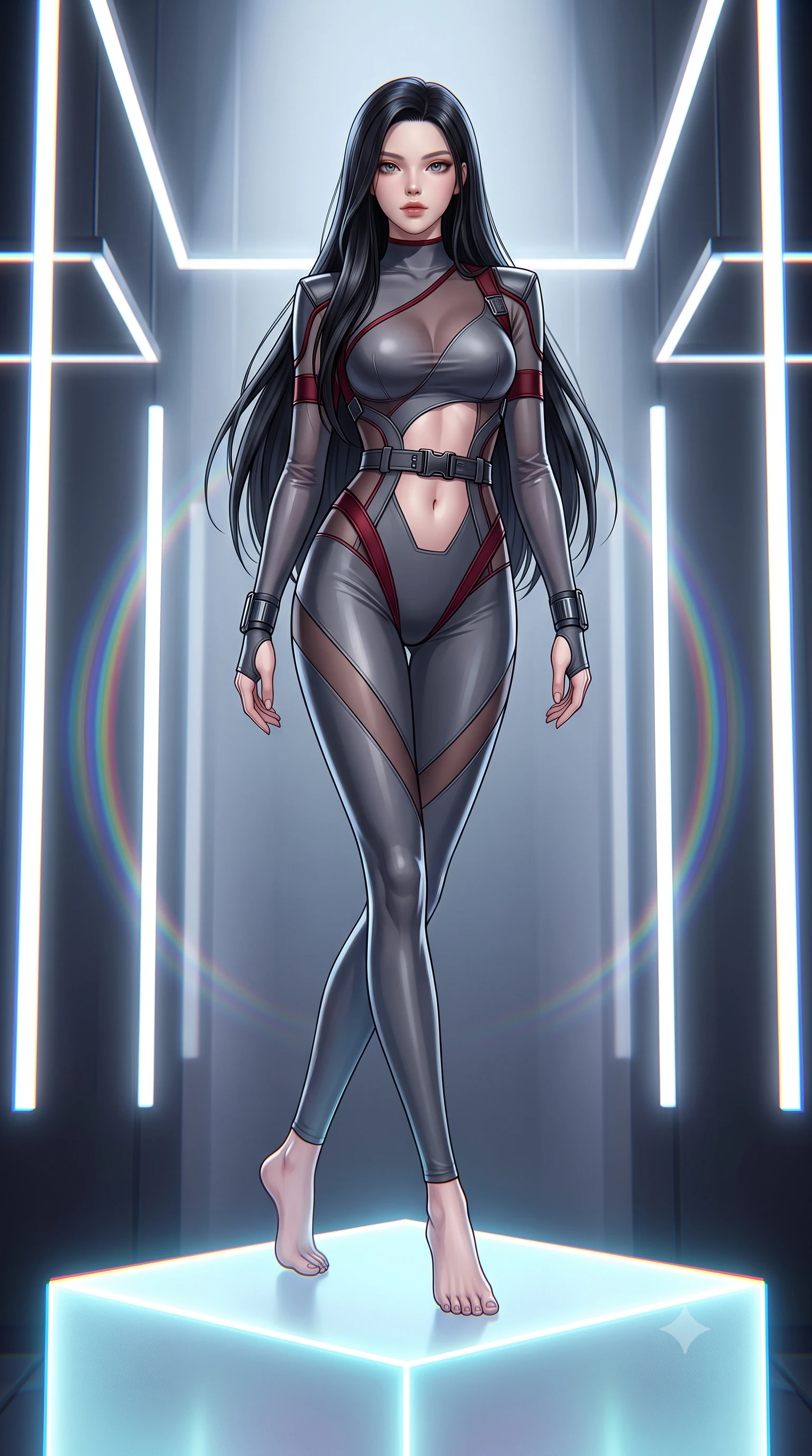 score_9, masterpiece, best quality, ultra-detailed, high-budget anime keyframe, semi-realistic 3D game render, editorial fashion photography, tasteful artistic composition, Korean woman. low angle full-body shot from head to toe showing her feet, filling the entire 9:16 vertical frame with her statuesque presence, stretching her vertical silhouette. striding forward in a proud, dynamic supermodel runway stride, her statuesque vertical silhouette commanding the entire frame while sitting poised atop a frosted neon cube with one leg extended, her statuesque silhouette framed by vertical light bars. The surrounding environment is rendered in vivid detail and crisp panoramic clarity. detailed metallic fabric reflections, chromatic aberration rings, and geometric light fixtures in high clarity. She has an absolutely perfect, statuesque 8.5-heads proportion, an exceptionally tall and slender model-like female figure with impossibly long slender legs, a toned flat midriff, and an ultra-slim waist. sharp v-shaped jawline, high-bridge nose, intricate jewel-like eyes with depth, thick eyelashes, glossy lips with a natural sheen, captivating and magnetic expression, flawlessly proportioned anatomical accuracy, strict slender model proportions, natural body alignment, perfectly sculpted long slender limbs, ultra-slim waistline, clean dynamic posture without body distortion. wearing a sharp asymmetrical spy bodysuit with sheer contouring mesh panels, reinforced strike shoulders, and utility waist harness in storm grey and dark scarlet trim, made of high-mobility liquid jersey and semi-opaque reinforced mesh, accented with concealed lockpick wristbands and polished dark chrome hardware, the liquid-tight tailored fabric emphasizing every curve of her tall, slender model proportions and sculptured silhouette during dynamic movement. surrounded by a cutting-edge, avant-garde, and mesmerizingly stylish future-fashion muse aura. highly saturated vibrant anime colors, detailed shading with soft gradients, rich glossy textures, high-contrast stereoscopic depth, volumetric dynamic lighting, master piece, 9:16 ratio