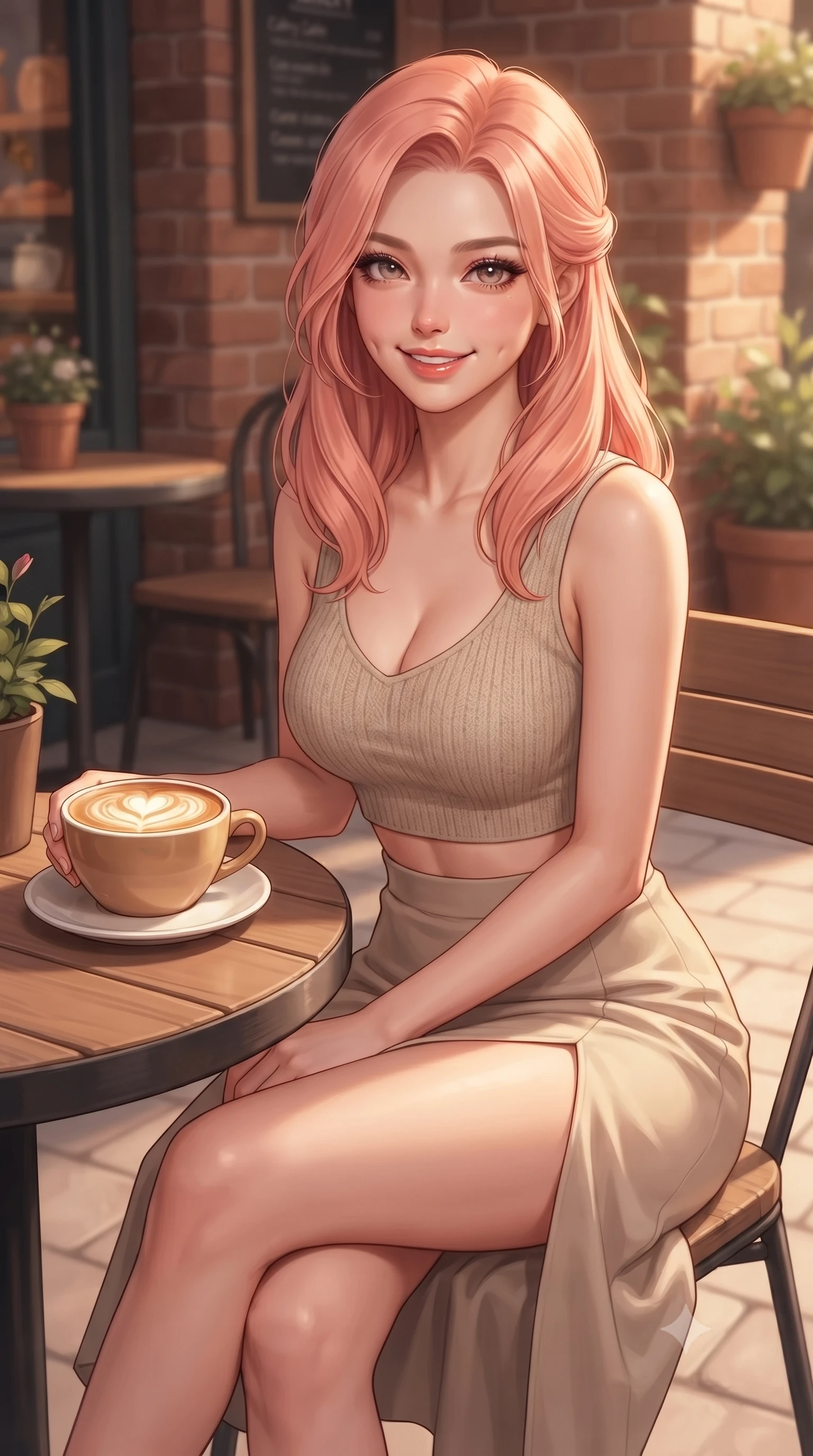 score_9, masterpiece, best quality, ultra-detailed, high-budget anime keyframe, editorial fashion photography, tasteful artistic composition, Japanese woman. close-up cowboy shot from the waist and thighs up, the character dominates the composition, filling the frame with her large presence, background elements kept in soft focus. smiling with soft, captivating dimples, casting a warm yet magnetic gaze directly into the lens set against a soft-focus background of at a cozy outdoor terrace table of a brick-walled bakery cafe with a warm cup of cafe latte with heart-shaped foam art on the table. She has an exceptionally elegant, slender, and willowy female figure with an ultra-slim waist, a gracefully sculpted slender torso, and a refined silhouette. sharp v-shaped jawline, high-bridge nose, intricate jewel-like eyes with depth, thick eyelashes, glossy lips with a natural sheen. wearing tailored crop top in oatmeal knit paired with a flowy midi skirt featuring a high side slit. warm golden lighting creating a cozy, relaxing weekend mood. highly saturated vibrant anime colors, detailed shading with soft gradients, rich glossy textures, high-contrast stereoscopic depth, volumetric dynamic lighting, master piece, 9:16 ratio