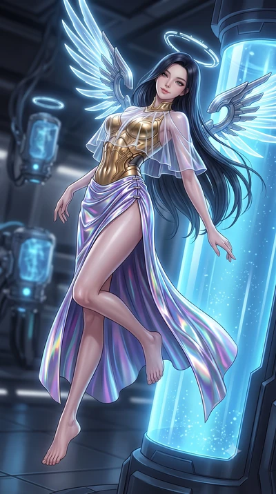 score_9, masterpiece, best quality, ultra-detailed, high-budget anime keyframe, editorial fashion photography, tasteful artistic composition, Korean woman. low angle full-body shot from head to toe showing her feet, filling the entire 9:16 vertical f