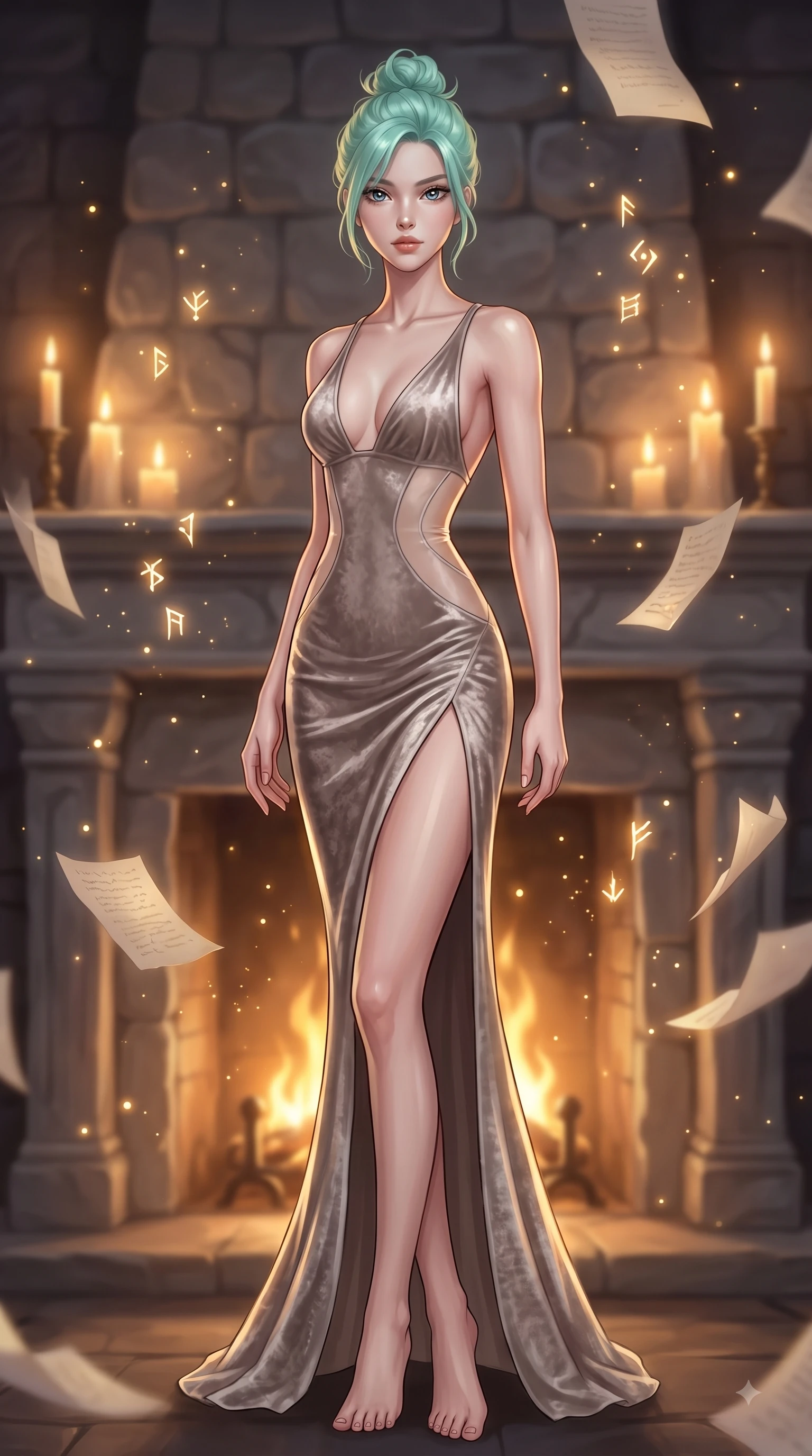 score_9, masterpiece, best quality, ultra-detailed, high-budget anime keyframe, editorial fashion photography, tasteful artistic composition, Japanese woman. low angle full-body shot from head to toe showing her feet, filling the entire 9:16 vertical frame with her statuesque presence, stretching her vertical silhouette. forging dynamically through the scene with her long slender legs and ultra-slim waist creating a sweeping curve while resting near a grand stone fireplace as warm amber hearth light traces her graceful clavicle, floating paper pages and glowing spell runes scattering golden starlight dust motes. She has an absolutely perfect, statuesque 8.5-heads proportion, an exceptionally tall and slender model-like female figure with impossibly long slender legs and an ultra-slim waist. sharp v-shaped jawline, high-bridge nose, intricate jewel-like eyes with depth, thick eyelashes, glossy lips with a natural sheen, flawlessly proportioned anatomical accuracy, natural body alignment, perfectly sculpted elegant limbs, clean dynamic posture without body distortion. wearing a backless crushed velvet gown with a deep V-neckline and high thigh slit in muted taupe and soft ivory, woven from fine semi-opaque sheer organza, featuring clean architectural cutouts along her slender torso, the form-contouring material highlighting her ultra-slim waist and long lines. bathed in rich amber candlelight and warm golden hearth flame backlighting. ultra-reflective glossy finish, specular highlights, metallic sheen, high-contrast stereoscopic depth, volumetric dynamic lighting, 2k, ultra detail, master piece, 9:16 ratio
