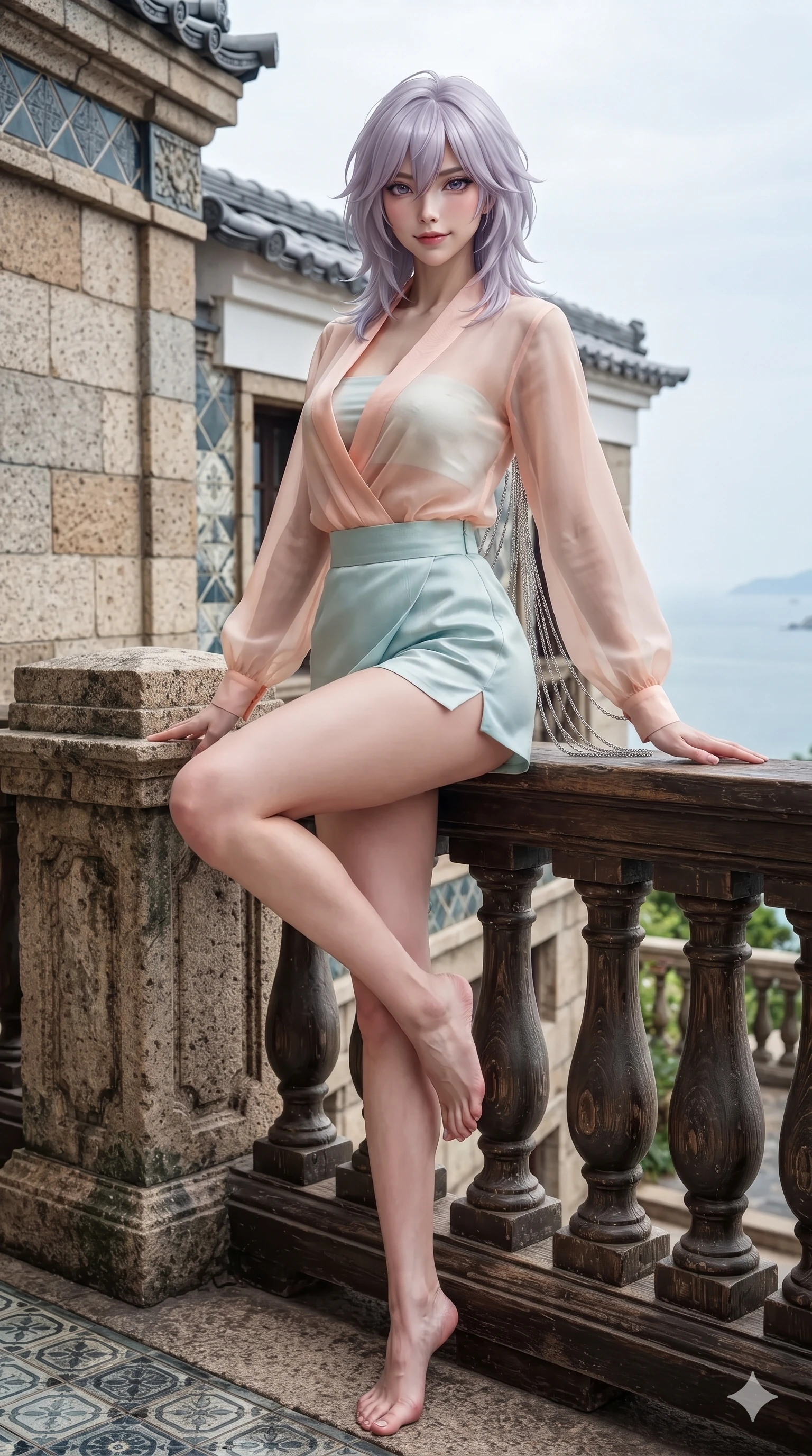 score_9, masterpiece, best quality, ultra-detailed, high-budget anime keyframe, editorial fashion photography, tasteful artistic composition, Japanese woman. low angle full-body shot from head to toe showing her feet, filling the entire 9:16 vertical frame with her statuesque presence, stretching her vertical silhouette. stepping slowly toward the camera with hypnotic grace, hips swaying in an alluring sensual rhythm that accentuates her curvy hourglass silhouette and long slender legs while perched sideways on the balcony balustrade, one knee drawn up to showcase her slender leg line while her arched back accentuates her feminine curves. The surrounding environment is rendered in vivid detail and crisp panoramic clarity: detailed sheer gossamer hanbok blouse tailoring, silk bandeau, and historic coastal construction in razor-sharp clarity. She has an absolutely perfect, statuesque 8.5-heads proportion, an exceptionally tall and slender model-like female figure with impossibly long slender legs, an ultra-slim waist, a flat toned midriff, narrow delicate ribcage, and beautifully sculpted feminine hips creating a graceful, slim hourglass silhouette without any bulky heaviness. sharp v-shaped jawline, high-bridge nose, sparkling eyes with hypnotic seductive depth, thick curled eyelashes, glossy parted lips with a natural dewy peach sheen, alluring bedroom-eyes with an enchanting coquettish smile, exuding magnetic siren charisma and sophisticated glamour, flawlessly proportioned anatomical accuracy, strict slender model proportions, natural body alignment, perfectly sculpted long slender limbs, ultra-slim waistline, clean dynamic posture without body distortion. wearing a deep V-neck wrap jeogori blouse layered over an opaque silk bandeau and high-waisted wrap shorts in pastel peach blossom and celadon porcelain blue, tailored from heavy double-faced silk faille with an exceptionally fluid drape, accented with an open-back drape framed by falling strands of delicate chrome chains, the glove-like clinging cut tightly following the natural contour of her hips and long slender legs with youthful 8.5-heads elegance. illuminated by seafoam bounce and sharp platinum-azure rim lights defining her razor-sharp jawline, narrow waist, and curvy hips. ultra-reflective glossy finish, specular highlights, rich textural contrasts, high-contrast stereoscopic depth, volumetric dynamic lighting, 2k, ultra detail, master piece, 9:16 ratio