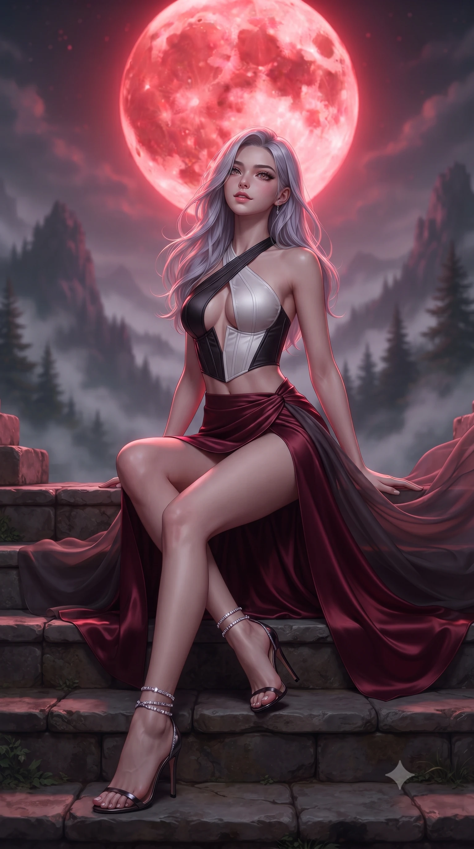 score_9, masterpiece, best quality, ultra-detailed, high-budget anime keyframe, editorial fashion photography, tasteful artistic composition, Caucasian woman. low angle full-body shot from head to toe showing her feet, filling the entire 9:16 vertical frame with her statuesque presence, stretching her vertical silhouette. sitting poised on the stone steps with one knee bent, arching her spine with supermodel elegance as she glances upward through thick eyelashes while twisting her slender torso in an alluring contrapposto stance, night winds billowing her sheer silk train around her long slender legs and curvy hips. The background shows a soft-focus the colossal glowing crimson blood moon, jagged pine-covered mountain peaks, and swirling valley fog blurred into blood-orange, charcoal, and violet bokeh. She has an absolutely perfect, statuesque 8.5-heads proportion, an exceptionally tall and slender model-like female figure with impossibly long slender legs, an ultra-slim waist, a flat toned midriff, narrow delicate ribcage, and beautifully sculpted feminine hips creating a graceful, slim hourglass silhouette without any bulky heaviness. sharp v-shaped jawline, high-bridge nose, sparkling eyes with hypnotic seductive depth, thick curled eyelashes, glossy parted lips with a natural dewy peach sheen, alluring bedroom-eyes with an enchanting coquettish smile, exuding magnetic siren charisma and sophisticated glamour, flawlessly proportioned anatomical accuracy, strict slender model proportions, natural body alignment, perfectly sculpted long slender limbs, ultra-slim waistline, clean dynamic posture without body distortion. wearing a high-waisted dark crimson satin wrap sarong skirt with hip-high slit paired with a plunging criss-cross halter corset in dual-tone high-contrast avant-garde monochrome, crafted from fluid liquid silk satin that clings smoothly to every curve with a dewy sheen, complemented by strappy stiletto sandals with crystal ankle wraps accentuating her slender calves, the second-skin tailored fabric adhering flawlessly to her sculpted flat midriff and slender torso, emphasizing her long leg lines and perfectly proportioned willowy build. bathed in otherworldly crimson lunar illumination cascading directly from the giant blood moon. ultra-reflective glossy finish, specular highlights, rich textural contrasts, high-contrast stereoscopic depth, volumetric dynamic lighting, 2k, ultra detail, master piece, 9:16 ratio