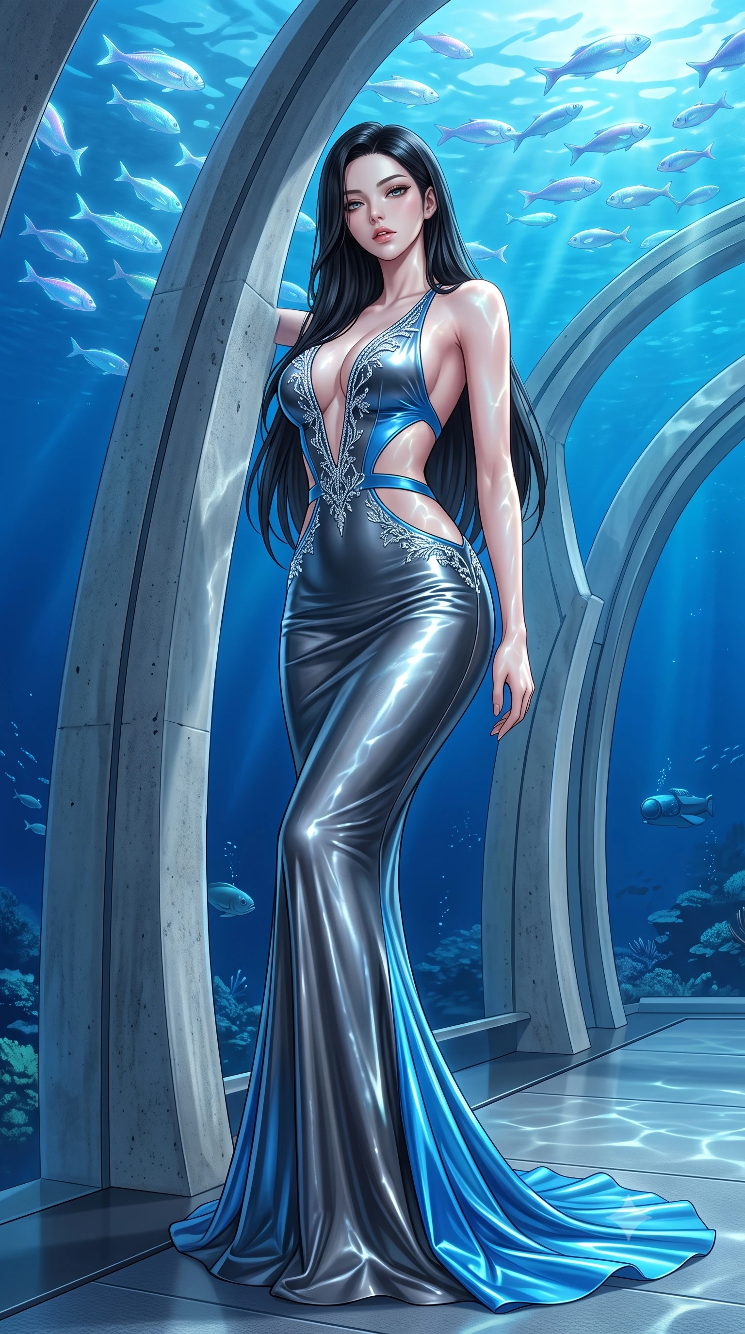 score_9, masterpiece, best quality, ultra-detailed, high-budget anime keyframe, semi-realistic 3D game render, editorial fashion photography, tasteful artistic composition, Korean woman. low angle full-body shot from head to toe showing her feet, filling the entire 9:16 vertical frame with her statuesque presence, stretching her vertical silhouette. leaning deep against the structural architecture with hips cocked in an unapologetically bold, seductive high-fashion stance while standing on the sleek composite platform beneath a curved transparent acrylic ceiling looking into the deep blue ocean, arching her back as schools of glowing fish glide above. The surrounding environment is rendered in vivid detail and crisp panoramic clarity. detailed wet-look vinyl texture, aquatic light caustics on skin, and submerged underwater structural clarity in high resolution. She has an exceptionally tall and slender model-like 8.5-heads proportion, an ultra-slim waist, a flat toned midriff, narrow delicate ribcage, and beautifully sculpted feminine hips creating a graceful, slim hourglass silhouette without any bulky heaviness, with impossibly long slender legs. sharp v-shaped jawline, high-bridge nose, intricate jewel-like eyes with depth, thick eyelashes, glossy parted lips with a natural sheen, intensely captivating and seductive bedroom-eyes expression, flawlessly proportioned anatomical accuracy, strict slender model proportions, natural body alignment, perfectly sculpted long slender limbs, ultra-slim waistline, clean dynamic posture without body distortion. wearing a sculptured liquid-satin mermaid gown with an architectural open-waist cutout and bare spine in metallic gunmetal and electric azure, tailored from second-skin aerodynamic stretch vinyl with specular wet sheen, finished with delicate crystal frost embroidery tracing the plunging neckline, the precision-cut side openings and low-back scoop framing her graceful spine and the sensual sweep of her slim, toned hips. illuminated by shimmering water caustic reflections accentuating her sculpted midriff, narrow waist, and curvy hips. highly saturated vibrant anime colors, detailed shading with soft gradients, rich glossy textures, high-contrast stereoscopic depth, volumetric dynamic lighting, master piece, 9:16 ratio