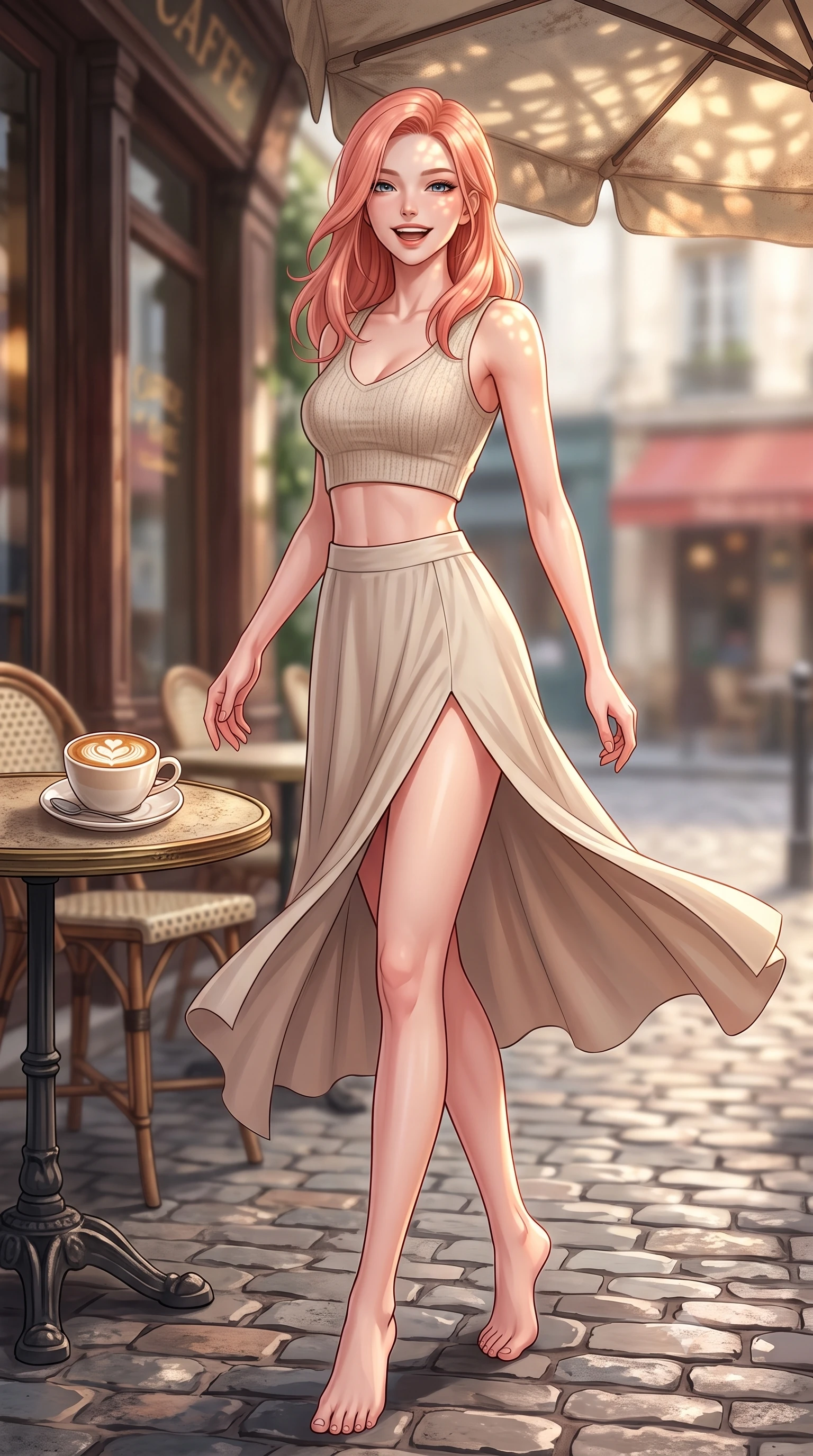 score_9, masterpiece, best quality, ultra-detailed, high-budget anime keyframe, editorial fashion photography, tasteful artistic composition, Japanese woman. low angle full-body shot from head to toe showing her feet, filling the entire 9:16 vertical frame with her statuesque presence, stretching her vertical silhouette. twirling around with a playful, sensual laugh, her dress fluttering elegantly to accent her waistline set against a soft-focus background of at a vintage Parisian-style cafe corner next to a quiet cobblestone street with a warm cup of cafe latte with heart-shaped foam art on the table. She has an absolutely perfect, statuesque 8.5-heads proportion, an exceptionally tall and slender model-like female figure with impossibly long slender legs and an ultra-slim waist. sharp v-shaped jawline, high-bridge nose, intricate jewel-like eyes with depth, thick eyelashes, glossy lips with a natural sheen. wearing tailored crop top in oatmeal knit paired with a flowy midi skirt featuring a high side slit. dappled sunlight filtering through the outdoor awning onto her face. highly saturated vibrant anime colors, detailed shading with soft gradients, rich glossy textures, high-contrast stereoscopic depth, volumetric dynamic lighting, master piece, 9:16 ratio