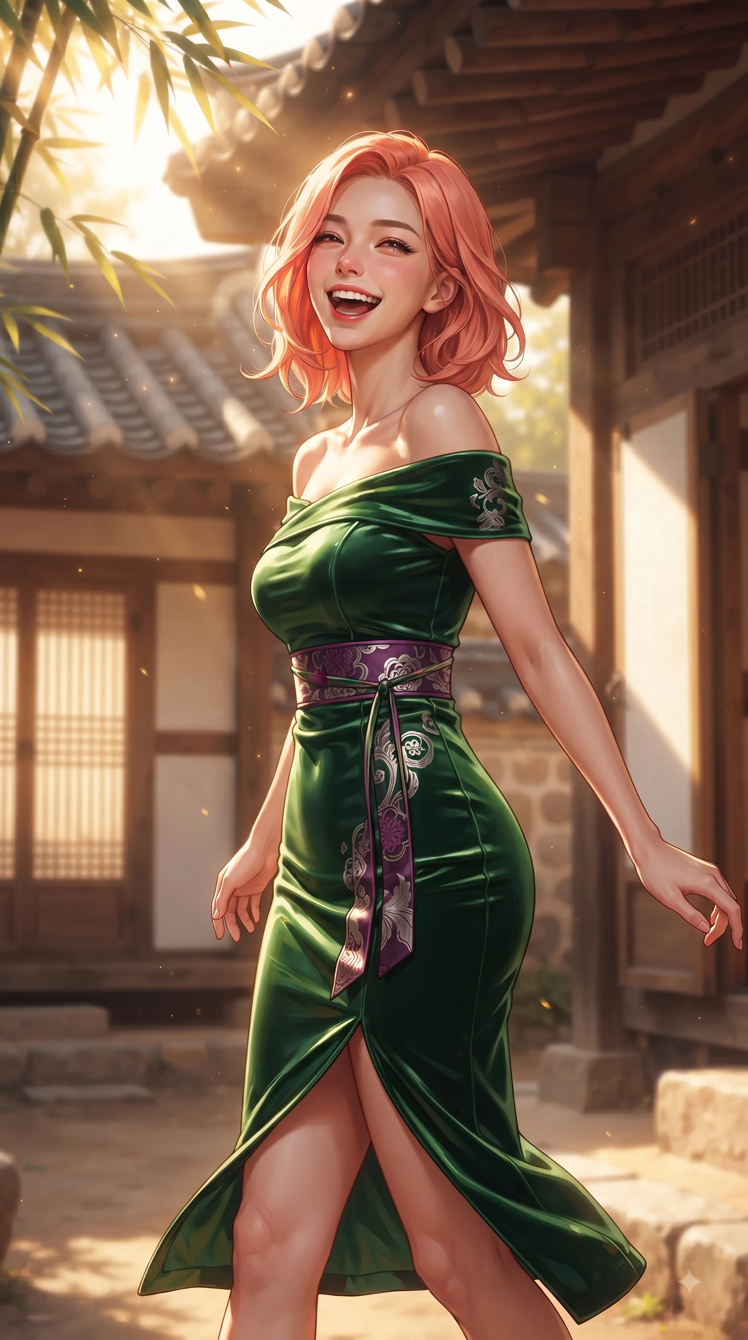 score_9, masterpiece, best quality, ultra-detailed, high-budget anime keyframe, editorial fashion photography, tasteful artistic composition, Japanese woman. close-up cowboy shot from the waist and thighs up, the character dominates the composition, filling the frame with her large presence. Beaming joyful energy with a infectious laughter that brightens the entire composition while pivoting near traditional clay tile roofs as golden sunbeams filter through bamboo leaves. The composition keeps background elements in soft focus with dreamy bokeh. sun-drenched paper doors and wooden Hanok pillars softened by warm shallow focus. She has an exceptionally elegant, slender, and willowy female figure with an ultra-slim waist, a gracefully sculpted slender torso, and a refined silhouette. sharp v-shaped jawline, high-bridge nose, intricate jewel-like eyes with depth, thick eyelashes, glossy lips with a natural sheen, flawlessly proportioned anatomical accuracy, natural body alignment, perfectly sculpted elegant limbs, clean dynamic posture without body distortion. wearing a vibrant forest green off-shoulder midi dress with a tasteful front slit in rich plum violet and metallic platinum, made of premium stretch velvet with a rich glossy sheen, accented with a delicate side waist sash creating fluid lines, the form-contouring material accentuating her ultra-slim waist and long lines. surrounded by a serene, elegant, and heritage fashion editorial aura. ultra-reflective glossy finish, specular highlights, metallic sheen, high-contrast stereoscopic depth, volumetric dynamic lighting, 2k, ultra detail, master piece, 9:16 ratio