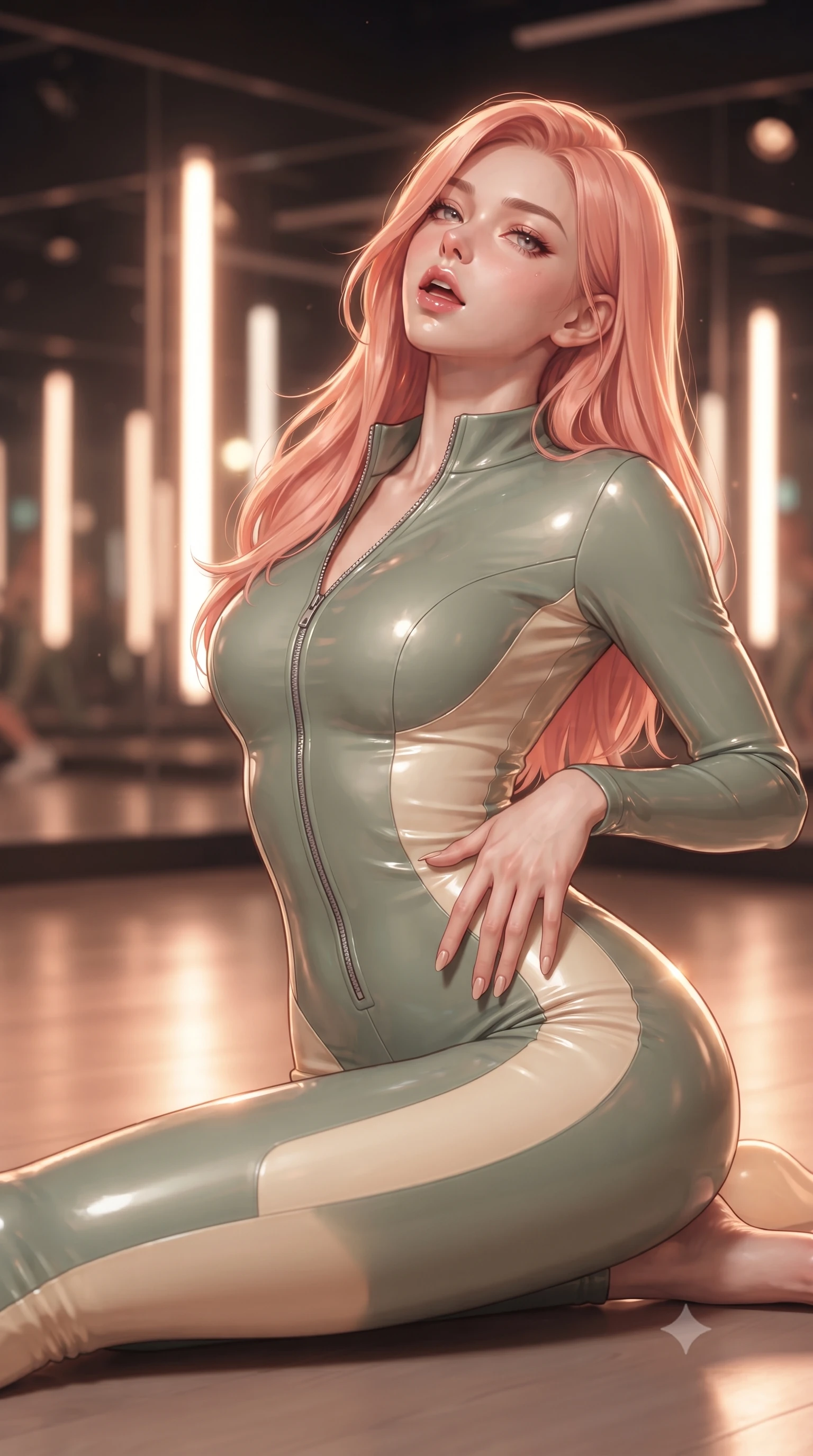 score_9, masterpiece, best quality, ultra-detailed, high-budget anime keyframe, editorial fashion photography, tasteful artistic composition, Japanese woman. close-up cowboy shot from the waist and thighs up, the character dominates the composition, filling the frame with her large presence. resting one manicured hand delicately on her hip bone, her upper body turning in a fluid, seductive S-curve while parted lips glisten in the light while reclining on the dance studio floor propped up on one hip, head tilted back in ecstasy with parted lips as warm spotlights trace her silhouette. The composition keeps background elements in soft focus with creamy bokeh. infinite studio mirror reflections and warm vertical light tubes blurred into glowing amber, rose-gold, and ivory bokeh. She has an exceptionally elegant, slender, and willowy female figure with an ultra-slim waist, a gracefully sculpted slender torso, toned flat midriff, and rounded feminine hips creating an alluring hourglass silhouette. sharp v-shaped jawline, high-bridge nose, intricate jewel-like eyes with depth, thick eyelashes, glossy parted lips with a natural sheen, intensely captivating and seductive bedroom-eyes expression, flawlessly proportioned anatomical accuracy, strict slender model proportions, natural body alignment, perfectly sculpted long slender limbs, ultra-slim waistline, clean dynamic posture without body distortion. wearing a glossy stretch vinyl dance catsuit with front zipper and form-contouring hip panels in sage green and warm cream, crafted from ultra-soft supple matte spandex with second-skin elasticity, finished with a thin elastic waist band emphasizing her ultra-slim midriff, the form-contouring material adhering flawlessly to her sculpted flat midriff and slender torso, emphasizing her long leg lines and perfectly proportioned willowy build. surrounded by a disciplined, sensual, and exquisitely graceful haute-couture dancer aura. ultra-reflective glossy finish, specular highlights, rich textural contrasts, high-contrast stereoscopic depth, volumetric dynamic lighting, 2k, ultra detail, master piece, 9:16 ratio