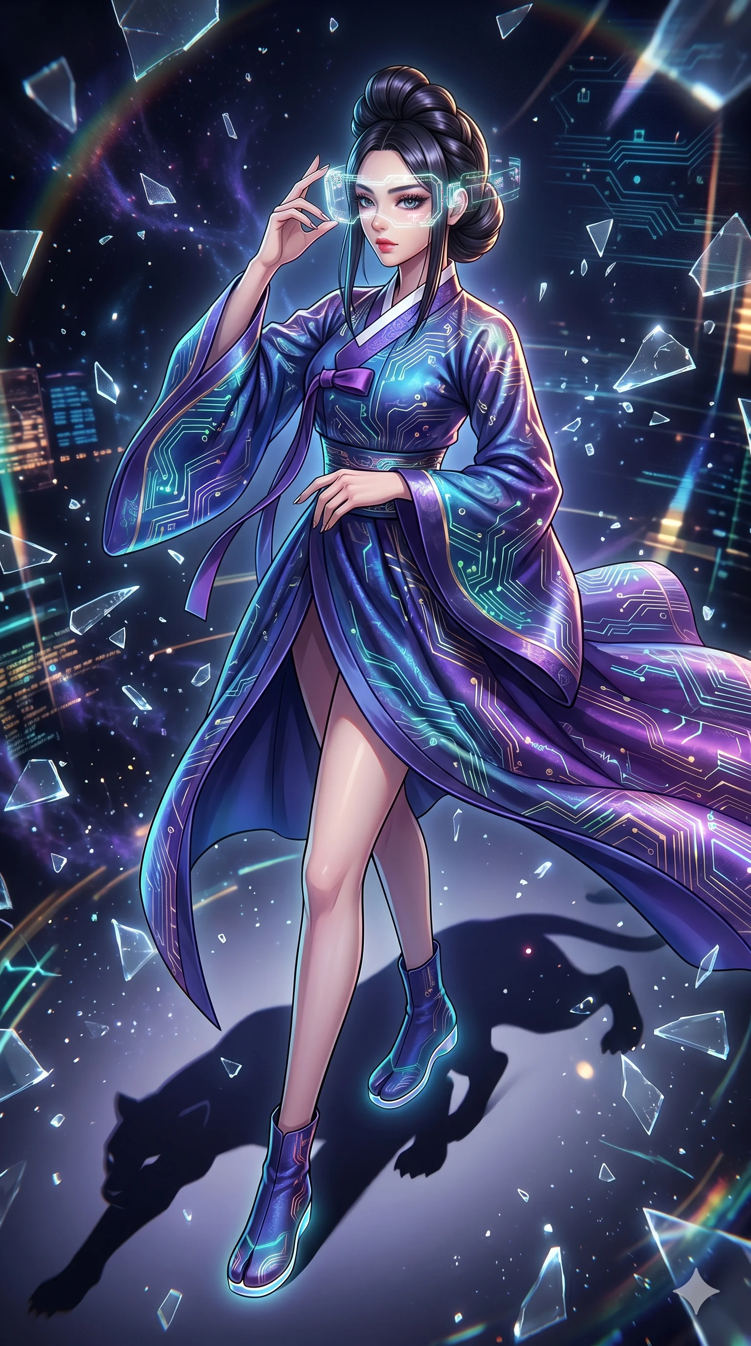 score_9, masterpiece, best quality, ultra-detailed, Set A: High-budget Anime Keyframe, Korean woman. Low angle cowboy shot filling the entire 9:16 frame with her statuesque presence. Adjusting a mask through a virtual reality void, while her shadow mimics the movements of a predator 155 and surrounded by shattered glass fragments. She has an absolutely perfect 8-heads proportion, an exceptionally tall and slender female figure with impossibly long slender legs and an ultra-slim waist. Sharp v-shaped jawline, high-bridge nose, intricate jewel-like eyes with depth, thick eyelashes, glossy lips with a natural sheen. Wearing Traditional silk robe with a modern tech-twist, featuring glowing circuit patterns. Cinematic lighting, vibrant colors, dramatic shadows, 2k, ultra detail, master piece, 9:16 ratio