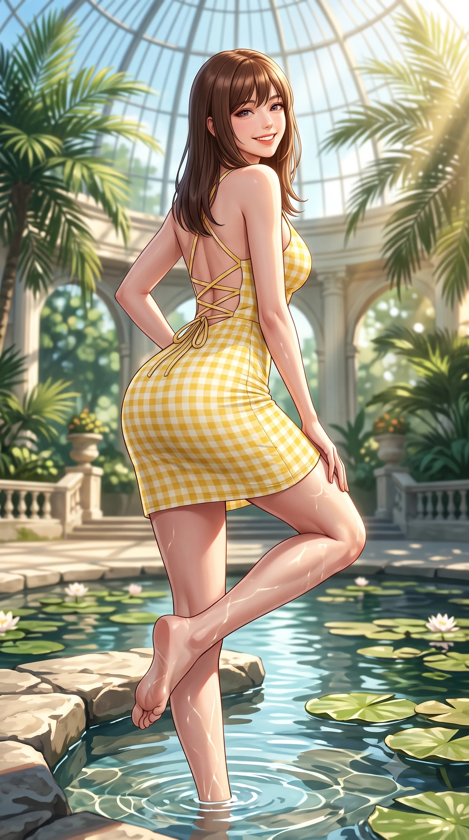 score_9, masterpiece, best quality, ultra-detailed, high-budget anime keyframe, semi-realistic 3D game render, editorial fashion photography, tasteful artistic composition, Korean woman. low angle full-body shot from head to toe showing her feet, filling the entire 9:16 vertical frame with her statuesque presence, stretching her vertical silhouette. leaning deep against the sunlit architecture with hips cocked back in a cute yet unapologetically alluring high-fashion stance, flashing a warm beaming smile while wading lightly beside a tranquil stone lily pond with one knee bent, water caustics tracing her feminine hips and long slender legs. The composition keeps background elements in soft focus with dreamy creamy bokeh. lush tropical palm fronds and soaring glass dome panes blurred into a dreamy emerald, jade, and golden sunbeam bokeh. She has an exceptionally tall and slender model-like 8.5-heads proportion, an ultra-slim waist, a flat toned midriff, narrow delicate ribcage, and beautifully sculpted feminine hips creating a graceful, slim hourglass silhouette without any bulky heaviness, with impossibly long slender legs. sharp v-shaped jawline, high-bridge nose, intricate jewel-like sparkling eyes with depth, thick eyelashes, glossy parted lips with a natural peach sheen, bright cheerful beaming smile with an enchanting and coquettish sensual glint, exuding both youthful cute charm and seductive allure, flawlessly proportioned anatomical accuracy, strict slender model proportions, natural body alignment, perfectly sculpted long slender limbs, ultra-slim waistline, clean dynamic posture without body distortion. wearing a backless lace-up gingham sundress with a form-fitting bodice and hip-defining silhouette in bright butter yellow and fresh cream white, tailored from crisp cotton poplin with clean structural lines, finished with criss-cross back satin straps highlighting her graceful shoulder blades, the glove-like silhouette tightly following the natural contour of her hips and long slender legs with youthful 8.5-heads elegance. illuminated by sparkling pool water caustics sharply sculpting her razor-sharp jawline, narrow waist, and curvy hips. highly saturated vibrant anime colors, detailed shading with soft gradients, rich glossy textures, high-contrast stereoscopic depth, volumetric dynamic lighting, master piece, 9:16 ratio