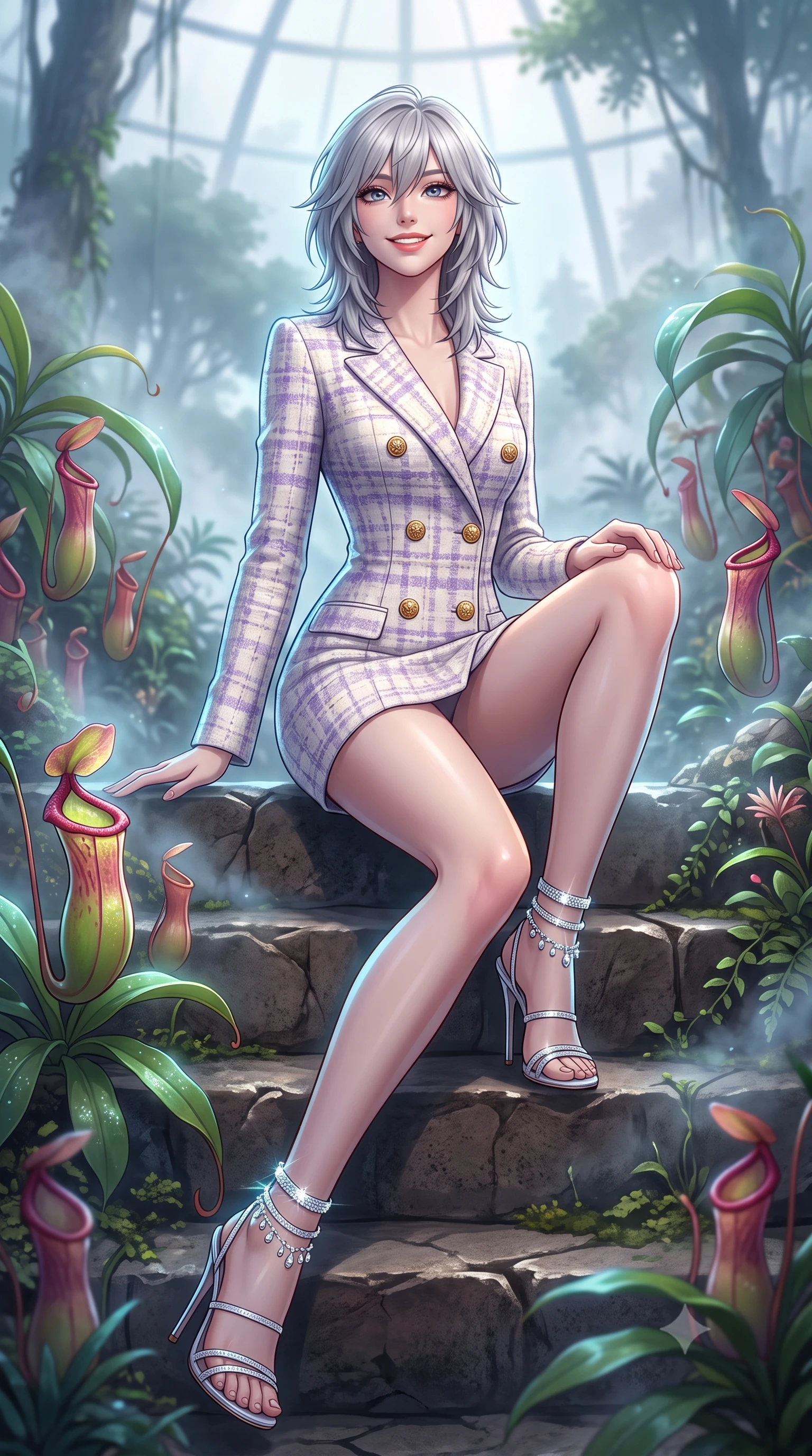score_9, masterpiece, best quality, ultra-detailed, high-budget anime keyframe, semi-realistic 3D game render, editorial fashion photography, tasteful artistic composition, Japanese woman. low angle full-body shot from head to toe showing her feet, filling the entire 9:16 vertical frame with her statuesque presence, stretching her vertical silhouette. sitting poised on the stone steps with one knee bent, arching her spine with supermodel elegance as she glances upward through thick eyelashes while twisting her slender torso in an alluring S-curve, glowing carnivorous pitcher plants and cool mountain vapor caressing her dewy skin and curves. The background shows a soft-focus dense high-altitude mist plumes softened in futuristic bio-dome shallow focus. She has an exceptionally tall and slender model-like 8.5-heads proportion, an ultra-slim waist, a flat toned midriff, narrow delicate ribcage, and beautifully sculpted feminine hips creating a graceful, slim hourglass silhouette without any bulky heaviness, with impossibly long slender legs. sharp v-shaped jawline, high-bridge nose, intricate jewel-like sparkling eyes with depth, thick eyelashes, glossy parted lips with a natural peach sheen, bright cheerful beaming smile with an enchanting and coquettish sensual glint, exuding both youthful cute charm and seductive allure, flawlessly proportioned anatomical accuracy, strict slender model proportions, natural body alignment, perfectly sculpted long slender limbs, ultra-slim waistline, clean dynamic posture without body distortion. wearing a tailored ivory tweed double-breasted blazer dress with gold heraldic crest buttons in Luberon lavender purple and Provençal limestone cream, woven from structured British tweed with subtle metallic flecks, complemented by strappy stiletto sandals with crystal ankle wraps accentuating her slender calves, the impeccably tailored cut draping gracefully along her slender figure with aristocratic poise. illuminated by condensation reflection bounce and sharp silver-cyan rim lights sculpting her jawline, narrow waist, and curvy hips. highly saturated vibrant anime colors, detailed shading with soft gradients, rich glossy textures, high-contrast stereoscopic depth, volumetric dynamic lighting, master piece, 9:16 ratio