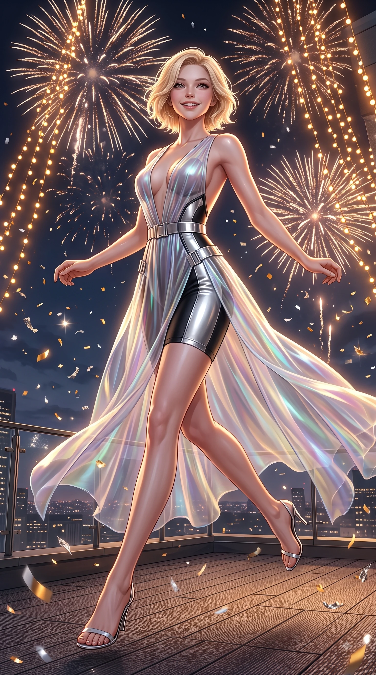 score_9, masterpiece, best quality, ultra-detailed, high-budget anime keyframe, editorial fashion photography, tasteful artistic composition, Caucasian woman. low angle full-body shot from head to toe showing her feet, filling the entire 9:16 vertical frame with her statuesque presence, stretching her vertical silhouette. forging dynamically through the scene with a happy infectious smile, her ultra-slim waist creating a sweeping curve while leaping joyfully on a high-rise penthouse rooftop deck under a sky of festive fireworks, sparkling confetti and golden embers drifting around her dynamic silhouette. She has an absolutely perfect, statuesque 8.5-heads proportion, an exceptionally tall and slender model-like female figure with impossibly long slender legs and an ultra-slim waist. sharp v-shaped jawline, high-bridge nose, intricate jewel-like eyes with depth, thick eyelashes, glossy lips with a natural sheen, flawlessly proportioned anatomical accuracy, natural body alignment, perfectly sculpted elegant limbs, clean dynamic posture without body distortion. wearing a translucent iridescent chiffon gown with a plunging neckline and open back in matte black and polished silver, formed from sleek second-skin neoprene, detailed with polished silver buckles along the waistline, the glove-like fit emphasizing her statuesque silhouette during motion. bathed in festive firework explosions and warm amber fairy light radiance. ultra-reflective glossy finish, specular highlights, metallic sheen, high-contrast stereoscopic depth, volumetric dynamic lighting, 2k, ultra detail, master piece, 9:16 ratio