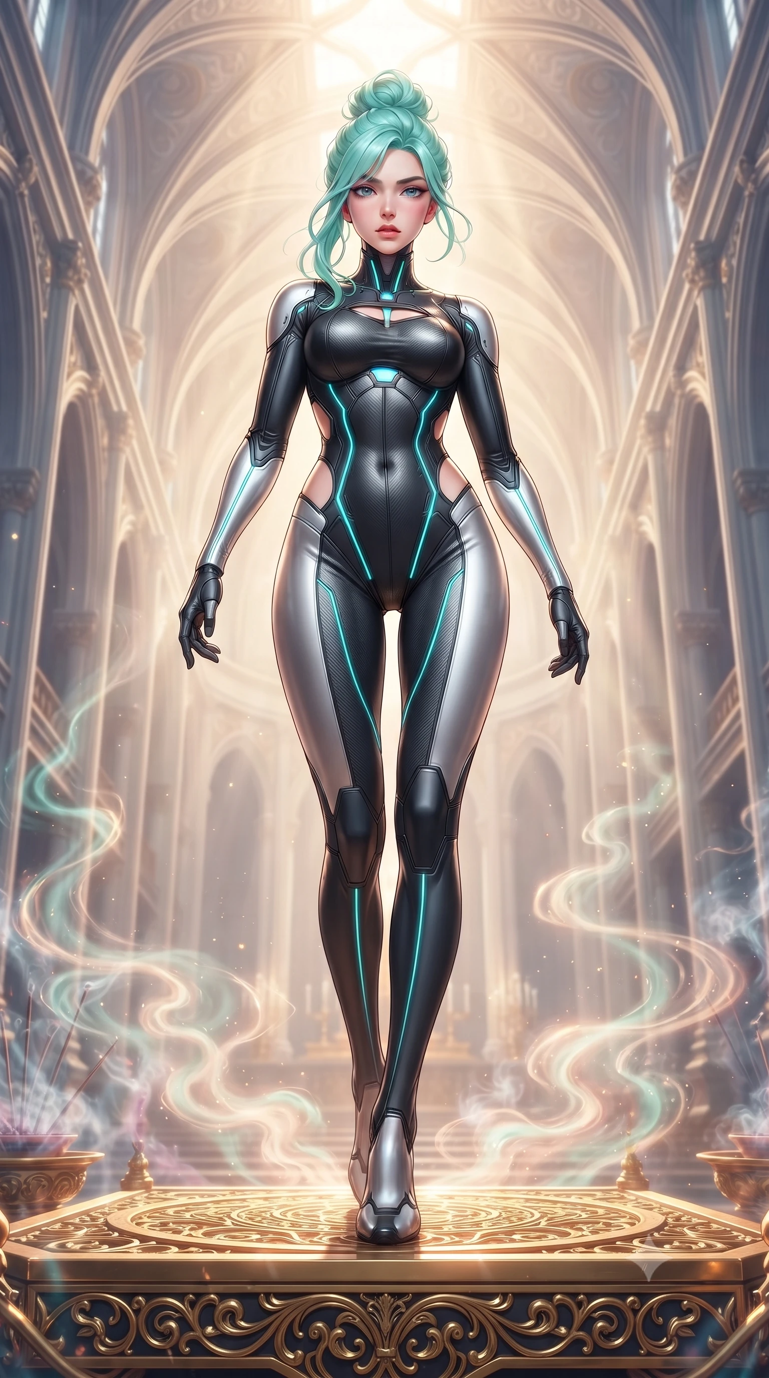 score_9, masterpiece, best quality, ultra-detailed, high-budget anime keyframe, editorial fashion photography, tasteful artistic composition, Japanese woman. low angle full-body shot from head to toe showing her feet, filling the entire 9:16 vertical frame with her statuesque presence, stretching her vertical silhouette. forging dynamically through the scene, her vertical silhouette beautifully stretched poised on a golden filigree altar surrounded by glowing incense vapors, majestic vaulted ceilings rising high into a luminous atmosphere. She has an absolutely perfect, statuesque 8.5-heads proportion, an exceptionally tall and slender model-like female figure with impossibly long slender legs and an ultra-slim waist. sharp v-shaped jawline, high-bridge nose, intricate jewel-like eyes with depth, thick eyelashes, glossy lips with a natural sheen. wearing a skin-tight cybernetic bodysuit with glowing neon seams and side cutouts in matte black and polished silver, made of fine carbon-fiber weave and soft matte leather, accented with a Tasteful chest slit framing her clavicle gracefully, the form-contouring material highlighting her ultra-slim waist and long lines. surrounded by a glowing divine aura of sunbeams and incense radiance. highly saturated vibrant anime colors, detailed shading with soft gradients, rich glossy textures, high-contrast stereoscopic depth, volumetric dynamic lighting, master piece, 9:16 ratio