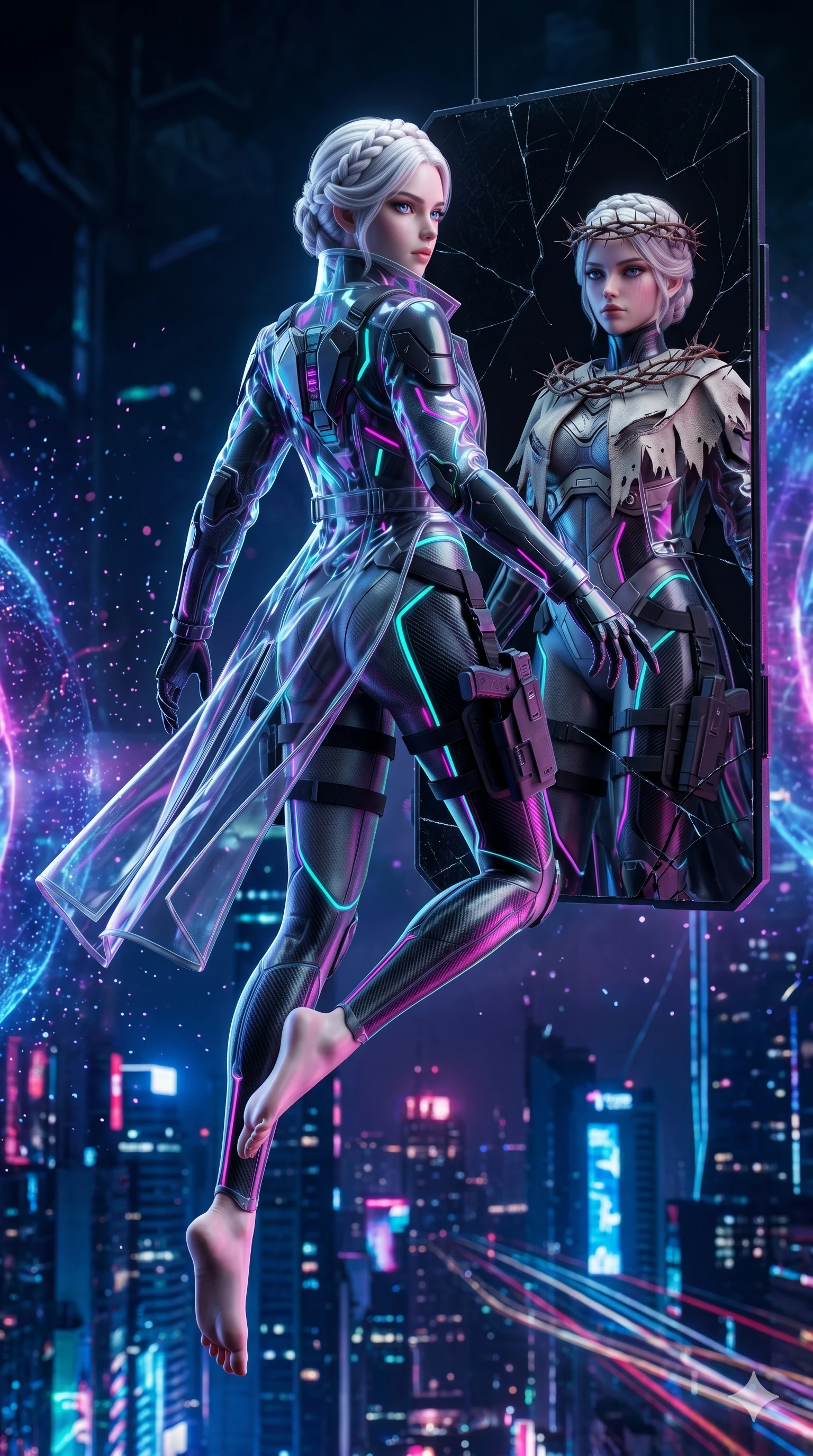 score_9, masterpiece, best quality, ultra-detailed, photorealistic 8k CG, hyper-detailed textures, ray-tracing, Caucasian (strictly human ears) woman. Mid-air action shot capturing a graceful twist and vertical silhouette. looking at a reflection of herself that is wearing a crown of thorns. She has an absolutely perfect 8-heads proportion, an exceptionally tall and slender female figure with an ultra-slim waist and impossibly long slender legs. strictly human anatomy, two legs only, no extra limbs, clearly defined legs and arms, perfect anatomy, perfect hands and fingers. sharp v-shaped jawline, high-bridge nose, intricate jewel-like eyes, thick eyelashes, glossy lips. Wearing Tech-Fantasy: Cybernetic tech-suit with glowing seams, translucent PVC over leotard, and modular tactical gear. The scene is illuminated by dramatic atmospheric lighting and vibrant color palettes. , 2k, ultra detail, master piece, 9:16 ratio