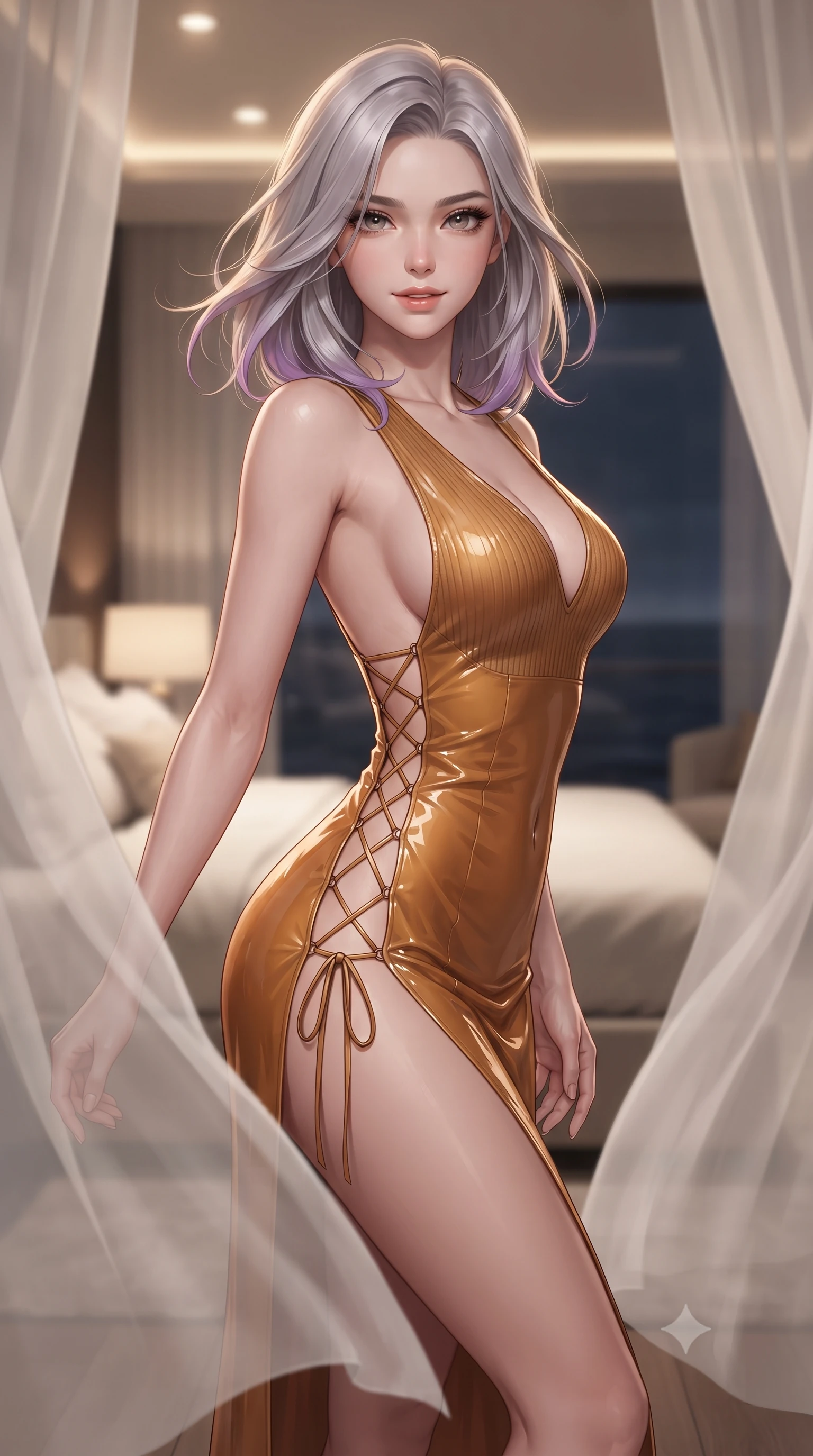 score_9, masterpiece, best quality, ultra-detailed, high-budget anime keyframe, editorial fashion photography, tasteful artistic composition, Caucasian woman. close-up cowboy shot from the waist and thighs up, the character dominates the composition, filling the frame with her large presence. turning slowly with an enchanting smoldering smile, her glossy hair tossing in the breeze as her hips angle gracefully in a captivating contrapposto while twisting her slender torso in an alluring S-curve, sheer white silk curtains billowing around her long slender legs and curvy hips. The background shows a soft-focus floating sheer white organza curtains, king-size floating stateroom bed, and dark ocean horizon blurred into ivory, navy, and champagne bokeh. She has an exceptionally elegant, slender, and willowy female figure with an ultra-slim waist, flat toned midriff, narrow ribcage, and sculpted feminine hips creating an alluring, slim hourglass silhouette without bulk. sharp v-shaped jawline, high-bridge nose, sparkling eyes with hypnotic seductive depth, thick curled eyelashes, glossy parted lips with a natural dewy peach sheen, alluring bedroom-eyes with an enchanting coquettish smile, exuding magnetic siren charisma and sophisticated glamour, flawlessly proportioned anatomical accuracy, strict slender model proportions, natural body alignment, perfectly sculpted long slender limbs, ultra-slim waistline, clean dynamic posture without body distortion. wearing a plunging V-neck rib-knit sweater dress with an open-back scoop and daring side leg slit in warm amber honey and antique gold leaf, crafted from wet-look high-gloss vinyl fabric with dazzling specular surface reflections, featuring fine criss-cross lace-up side ties revealing tantalizing glimpses of her hip curve, the form-contouring silhouette accentuating her sculpted flat midriff, narrow delicate ribcage, and gracefully curvy hips with intoxicating allure. bathed in warm 2800K recessed ceiling downlights spilling from the master suite mixed with cool sea moonbeam fill. ultra-reflective glossy finish, specular highlights, rich textural contrasts, high-contrast stereoscopic depth, volumetric dynamic lighting, 2k, ultra detail, master piece, 9:16 ratio