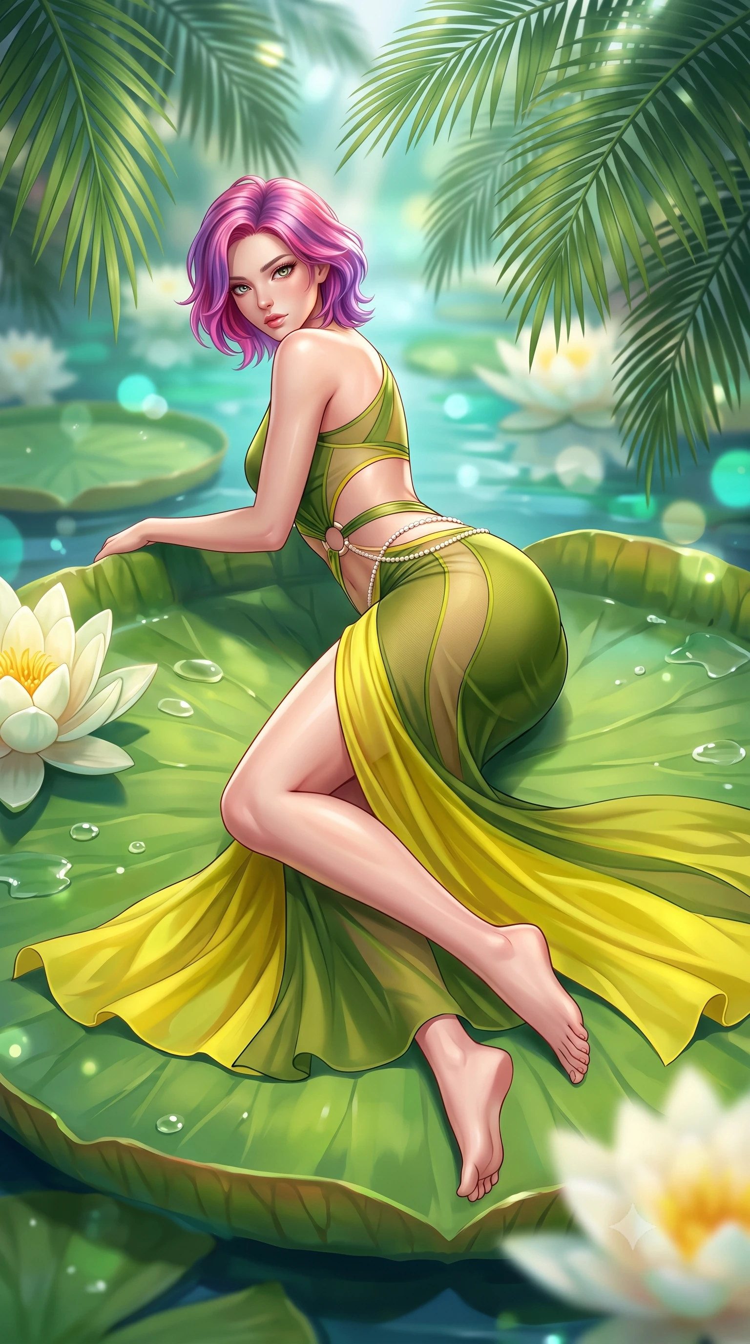 score_9, masterpiece, best quality, ultra-detailed, high-budget anime keyframe, semi-realistic 3D game render, editorial fashion photography, tasteful artistic composition, Caucasian woman. low angle full-body shot from head to toe showing her feet, filling the entire 9:16 vertical frame with her statuesque presence, stretching her vertical silhouette. executing an elegant mid-motion pivot turn as garments swirl around her slender limbs, glancing over her shoulder with an intoxicating bedroom-gaze while reclining face down atop a floating giant Victoria water lily pad with head turned toward the lens, legs playfully bent at the knees to highlight her hip silhouette. The composition keeps background elements in soft focus with creamy bokeh. towering exotic palm fronds and giant floating lily blossoms blurred into deep emerald, turquoise, and soft moonlight bokeh. She has an absolutely perfect, statuesque 8.5-heads proportion, an exceptionally tall and slender model-like female figure with impossibly long slender legs, a toned flat midriff, an ultra-slim waist, and beautifully sculpted feminine hips. sharp v-shaped jawline, high-bridge nose, intricate jewel-like eyes with depth, thick eyelashes, glossy parted lips with a natural sheen, intensely captivating and seductive bedroom-eyes expression, flawlessly proportioned anatomical accuracy, strict slender model proportions, natural body alignment, perfectly sculpted long slender limbs, ultra-slim waistline, clean dynamic posture without body distortion. wearing a modern water-nymph one-shoulder gown with an exposed midriff ring cutout and floating chiffon skirt in olive leaf green and bright solar yellow, made of sheer contouring power-mesh panels with anatomical curve lines, accented with dainty pearl waist chains framing her sun-kissed midriff, the liquid-tight tailored fabric clinging flawlessly to her narrow waist and rounded feminine hips, emphasizing every millimeter of her sculpted hourglass curves during movement. illuminated by wet specular highlights accentuating her slender neckline, sculpted waist, and rounded hips. highly saturated vibrant anime colors, detailed shading with soft gradients, rich glossy textures, high-contrast stereoscopic depth, volumetric dynamic lighting, master piece, 9:16 ratio