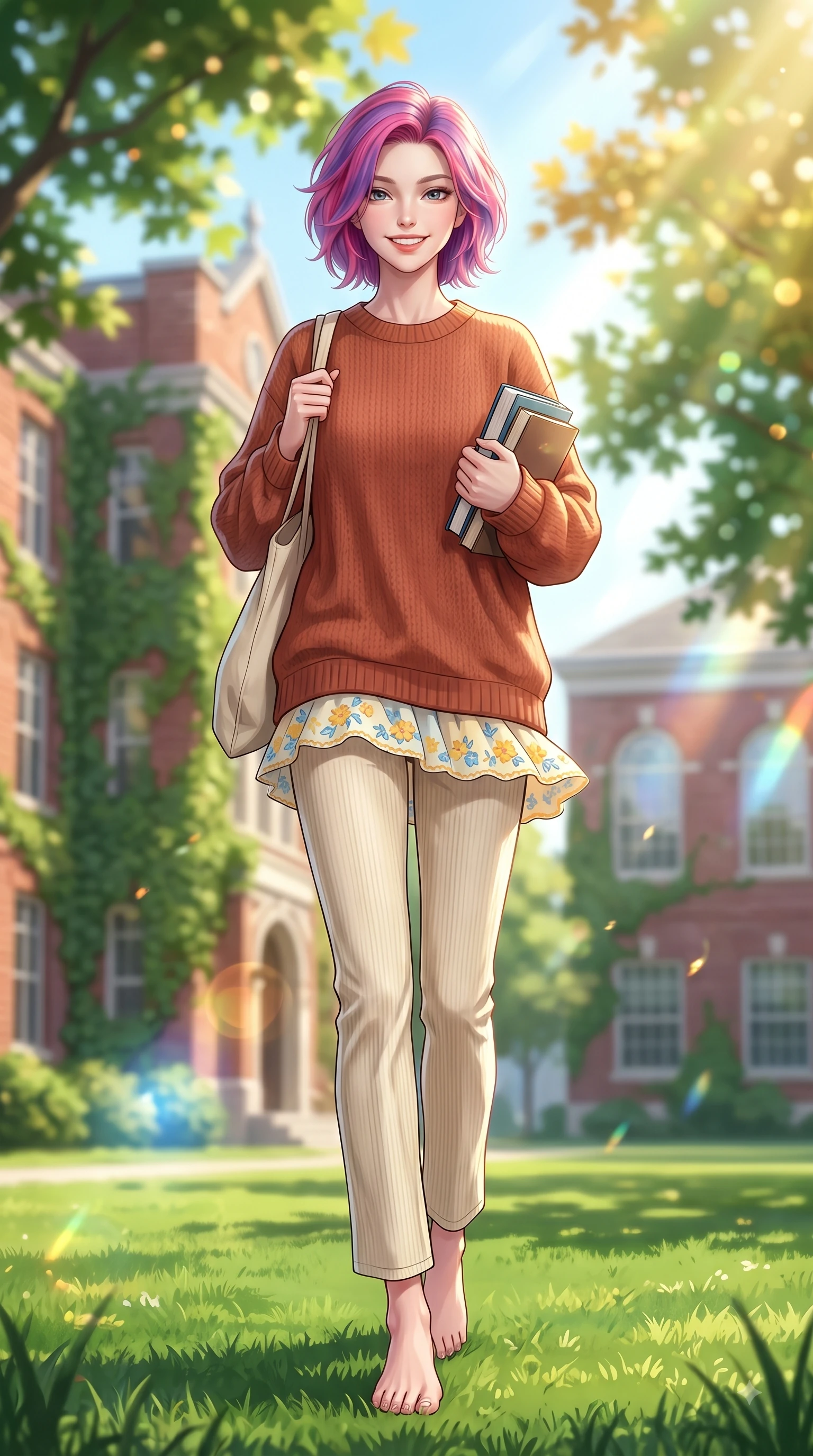 score_9, masterpiece, best quality, ultra-detailed, high-budget anime keyframe, editorial fashion photography, tasteful artistic composition, Caucasian woman. low angle full-body shot from head to toe showing her feet, filling the entire 9:16 vertical frame with her statuesque presence, stretching her vertical silhouette. walking forward in a proud dynamic stride with a cheerful beaming smile, her vertical silhouette filling the frame while walking happily across a sunlit university campus lawn carrying a canvas tote bag and books. The composition keeps background elements in soft focus with dreamy bokeh. ivy-covered red-brick academic halls and sunlit maple canopies blurring into soft green and gold bokeh. She has an absolutely perfect, statuesque 8.5-heads proportion, an exceptionally tall and slender model-like female figure with impossibly long slender legs and an ultra-slim waist. sharp v-shaped jawline, high-bridge nose, intricate jewel-like eyes with depth, thick eyelashes, glossy lips with a natural sheen, flawlessly proportioned anatomical accuracy, natural body alignment, perfectly sculpted elegant limbs, clean dynamic posture without body distortion. wearing an oversized terracotta knit jumper over soft cream corduroy pants in sunny daffodil yellow and clear sky blue, made of comfortable premium stretch denim and soft jersey, complemented by delicate embroidered floral trim along the hem, the breezy lightweight fabric fluttering softly against her delicate frame. illuminated by warm golden sunbursts and bright clear sky refractions. highly saturated vibrant anime colors, detailed shading with soft gradients, rich glossy textures, high-contrast stereoscopic depth, volumetric dynamic lighting, master piece, 9:16 ratio