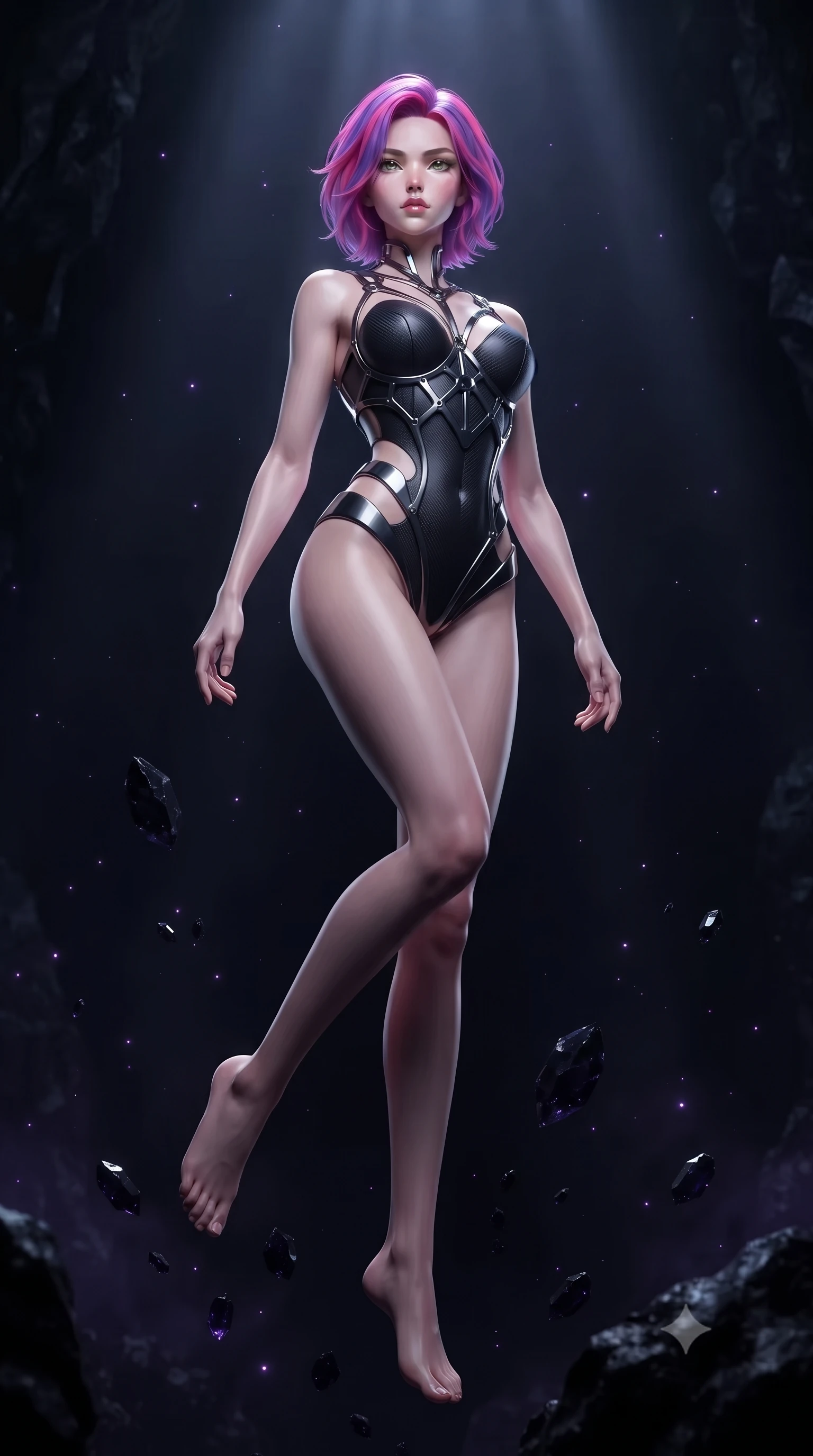 score_9, masterpiece, best quality, ultra-detailed, high-budget anime keyframe, editorial fashion photography, tasteful artistic composition, Caucasian woman. low angle full-body shot from head to toe showing her feet, filling the entire 9:16 vertical frame with her statuesque presence, stretching her vertical silhouette. interacting with floating dark crystal particles, her long slender legs poised in motion, inside a subterranean obsidian crystal cavern submerged in total darkness, fine violet bioluminescent dust floating in pitch-black air. She has an absolutely perfect, statuesque 8.5-heads proportion, an exceptionally tall and slender model-like female figure with impossibly long slender legs and an ultra-slim waist. sharp v-shaped jawline, high-bridge nose, intricate jewel-like eyes with depth, thick eyelashes, glossy lips with a natural sheen. wearing sculpted structured cup bodysuit in matte black carbon-fiber with hip cutouts in obsidian black, made of sculpted obsidian metallic chrome, highlighted by a gunmetal metallic harness structure, following her slender form with tailored precision. lit by a cold silver beam cutting through pitch-black darkness. highly saturated vibrant anime colors, detailed shading with soft gradients, rich glossy textures, high-contrast stereoscopic depth, volumetric dynamic lighting, master piece, 9:16 ratio