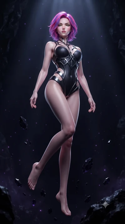 score_9, masterpiece, best quality, ultra-detailed, high-budget anime keyframe, editorial fashion photography, tasteful artistic composition, Caucasian woman. low angle full-body shot from head to toe showing her feet, filling the entire 9:16 vertica