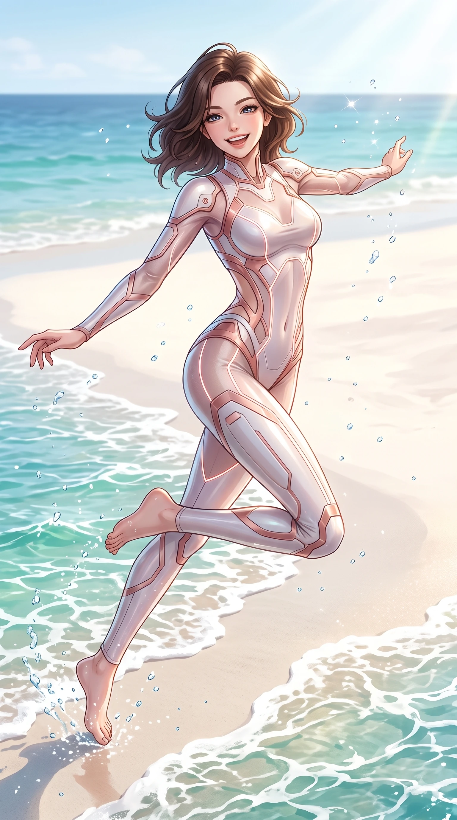 score_9, masterpiece, best quality, ultra-detailed, high-budget anime keyframe, editorial fashion photography, tasteful artistic composition, Korean woman. low angle full-body shot from head to toe showing her feet, filling the entire 9:16 vertical frame with her statuesque presence, stretching her vertical silhouette. performing a cheerful mid-air rotation with flawless poise, her radiant smile capturing pure happy energy while running playfully along a white sand beach as clear emerald ocean waves lap at her feet, dazzling tropical sunlight scattering sparkling water droplets around her laughing silhouette. She has an absolutely perfect, statuesque 8.5-heads proportion, an exceptionally tall and slender model-like female figure with impossibly long slender legs and an ultra-slim waist. sharp v-shaped jawline, high-bridge nose, intricate jewel-like eyes with depth, thick eyelashes, glossy lips with a natural sheen, flawlessly proportioned anatomical accuracy, natural body alignment, perfectly sculpted elegant limbs, clean dynamic posture without body distortion. wearing a skin-tight cybernetic bodysuit with glowing neon seams and side cutouts in pearl white and rose gold, woven from fine semi-opaque sheer organza, featuring clean architectural cutouts along her slender torso, the glove-like fit emphasizing her statuesque silhouette during motion. surrounded by a bright, pristine beach ambiance with cheerful specular highlights. highly saturated vibrant anime colors, detailed shading with soft gradients, rich glossy textures, high-contrast stereoscopic depth, volumetric dynamic lighting, master piece, 9:16 ratio