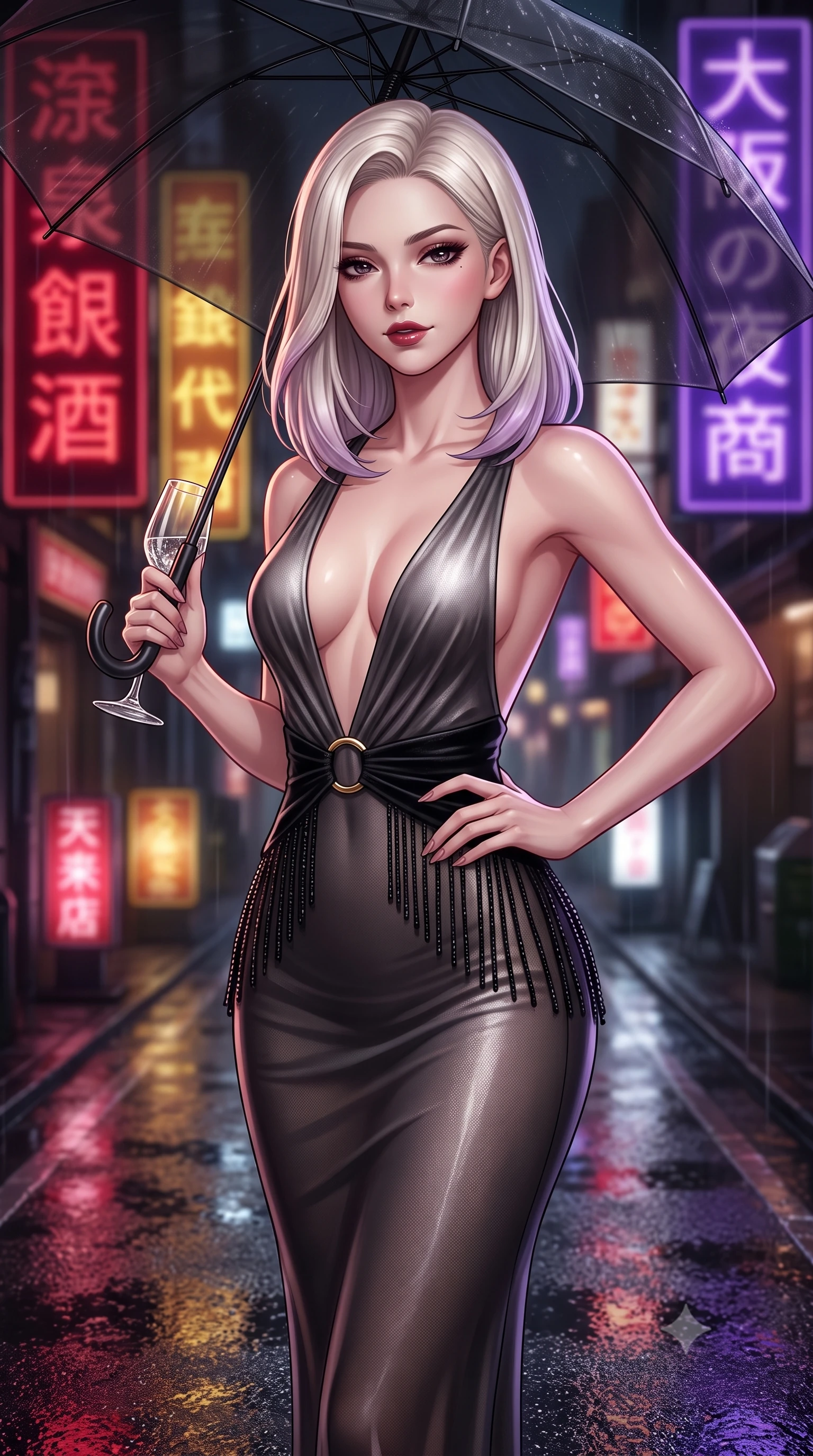 score_9, masterpiece, best quality, ultra-detailed, high-budget anime keyframe, semi-realistic 3D game render, editorial fashion photography, tasteful artistic composition, Caucasian woman. close-up cowboy shot from the waist and thighs up, the character dominates the composition, filling the frame with her large presence. twisting her slender torso in an alluring contrapposto stance, one hand resting on her sculpted hip while holding a crystal glass with effortless poise while walking dynamically down the glistening wet asphalt alley beneath a translucent black umbrella, hips swaying gracefully in a captivating supermodel rhythm. The composition keeps background elements in soft focus with dreamy creamy bokeh. vertical kanji neon signs in deep crimson, gold, and royal purple blurred into dazzling saturated reflections and dreamy rain bokeh. She has an exceptionally elegant, slender, and willowy female figure with an ultra-slim waist, flat toned midriff, narrow ribcage, and sculpted feminine hips creating an alluring, slim hourglass silhouette without bulk. sharp v-shaped jawline, high-bridge nose, intricate jewel-like dark sparkling eyes with dangerous depth, thick curled eyelashes, glossy parted lips with a rich wine sheen, smoldering seductive half-smile with bedroom-eyes, exuding effortless superiority and intoxicating dark allure, flawlessly proportioned anatomical accuracy, strict slender model proportions, natural body alignment, perfectly sculpted long slender limbs, ultra-slim waistline, clean dynamic posture without body distortion. wearing a deep plunging-V silk jersey evening gown with an open back scoop and waist-cinching gold ring in shimmering pewter and noir velvet black, made of semi-opaque dark contouring mesh clinging like a second skin, accented with fine jet-black beaded tassels that sway with each movement, the form-contouring cut accentuating her sculpted flat midriff, narrow delicate ribcage, and gracefully curvy hips with sovereign high-fashion precision. illuminated by wet ground specular reflections accentuating her sculpted collarbones, ultra-slim waist, and curvy hips. highly saturated vibrant anime colors, detailed shading with soft gradients, rich glossy textures, high-contrast stereoscopic depth, volumetric dynamic lighting, master piece, 9:16 ratio