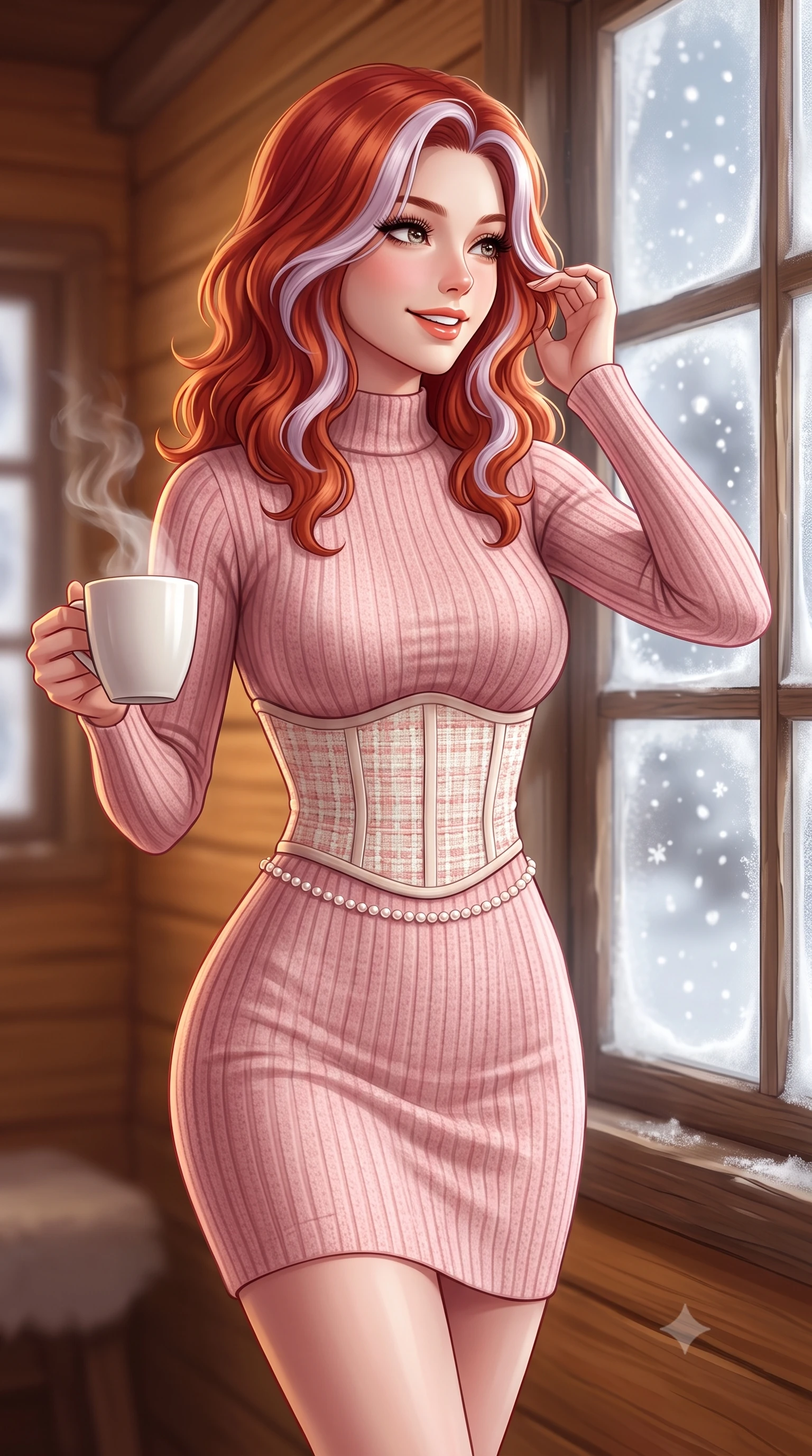 score_9, masterpiece, best quality, ultra-detailed, high-budget anime keyframe, semi-realistic 3D game render, editorial fashion photography, tasteful artistic composition, Caucasian woman. close-up cowboy shot from the waist and thighs up, the character dominates the composition, filling the frame with her large presence. gently brushing a lock of hair behind her ear while casting a playful, flirtatious side-gaze with long eyelashes while walking toward the frosted timber window with a steaming porcelain mug, looking out at the falling snowflakes with wonder. The background shows a soft-focus softly falling snowflakes outside frosted panes softened in intimate alpine winter hideaway shallow focus. She has an exceptionally elegant, slender, and willowy female figure with an ultra-slim waist, flat toned midriff, narrow ribcage, and sculpted feminine hips creating an alluring, slim hourglass silhouette without bulk. sharp v-shaped jawline, high-bridge nose, intricate jewel-like sparkling eyes with depth, thick eyelashes, glossy parted lips with a natural peach sheen, bright cheerful beaming smile with an enchanting and coquettish sensual glint, exuding both youthful cute charm and seductive allure, flawlessly proportioned anatomical accuracy, strict slender model proportions, natural body alignment, perfectly sculpted long slender limbs, ultra-slim waistline, clean dynamic posture without body distortion. wearing a form-contouring ribbed cashmere mock-neck knit bodycon dress clinging like a second skin, paired with a tailored tweed waist cincher in Parisian pastel rose bouclé and cream pearl, woven from fine elastic rib-knit fabric tracing every millimeter of her slender torso, accented with a dainty pearl waist chain catching the ambient sunlight across her sculpted waistline, the liquid-tight tailored fabric clinging flawlessly to her narrow waist and rounded feminine hips, emphasizing every millimeter of her sculpted slim hourglass curves without any bulky heaviness. illuminated by honey pine wall reflection bounce and warm buttery rim lights sculpting her features and slender hourglass curves. highly saturated vibrant anime colors, detailed shading with soft gradients, rich glossy textures, high-contrast stereoscopic depth, volumetric dynamic lighting, master piece, 9:16 ratio