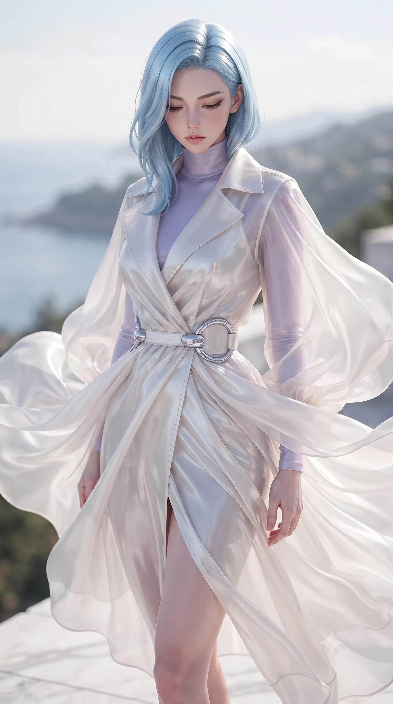 score_9, masterpiece, best quality, ultra-detailed, high-budget anime keyframe, editorial fashion photography, tasteful artistic composition, Korean woman. close-up cowboy shot from the waist and thighs up, the character dominates the composition, filling the frame with her large presence, background elements kept in soft focus. Looking down with lowered lashes and a composed, powerful aura, standing on a high marble cliff terrace wrapped in billowing layers of opal chiffon, dynamic fluid movement of flowing opal chiffon drapery in the sea wind. She has an exceptionally elegant, slender, and willowy female figure with an ultra-slim waist, a gracefully sculpted slender torso, and a refined silhouette. sharp v-shaped jawline, high-bridge nose, intricate jewel-like eyes with depth, thick eyelashes, glossy lips with a natural sheen. wearing structured pearl-white trench dress over sleek turtleneck in pastel lavender violet, made of sheer opal chiffon overlay, accented with sculpted opal chrome rings at the waist, following her slender form with tailored precision. lit by clear coastal daylight casting soft graceful shadows. ultra-reflective glossy finish, specular highlights, metallic sheen, high-contrast stereoscopic depth, volumetric dynamic lighting, 2k, ultra detail, master piece, 9:16 ratio