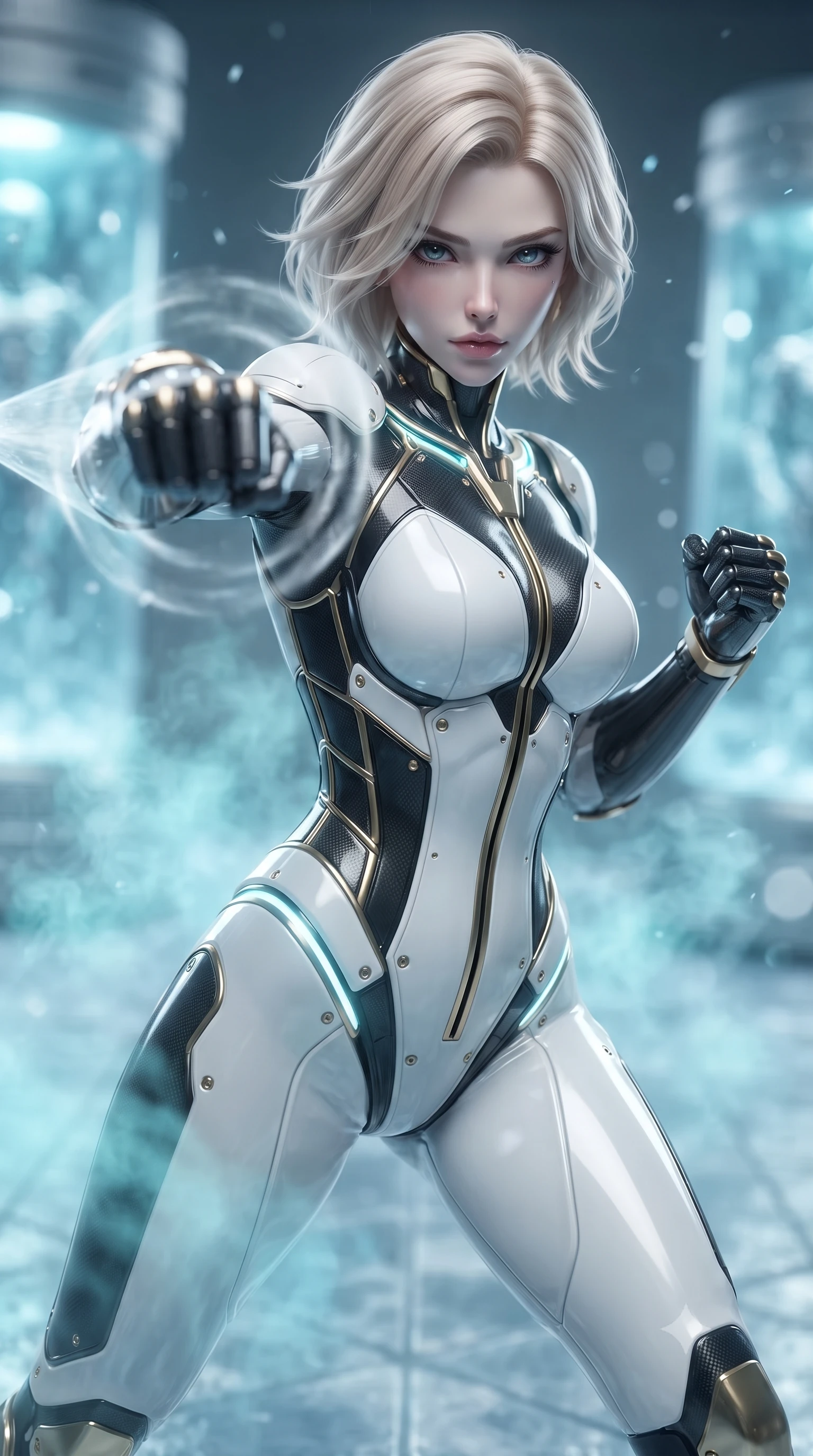 score_9, masterpiece, best quality, ultra-detailed, high-budget anime keyframe, editorial fashion photography, tasteful artistic composition, Caucasian woman. close-up cowboy shot from the waist and thighs up, the character dominates the composition, filling the frame with her large presence. thrusting a high-speed kinetic punch toward the camera, a visible conical shockwave distortion wrapping around her sleek carbon forearm while pivoting dynamically on ice-slicked tiles as cyan cryo-mist billows gracefully around her athletic, form-fitting armor. The composition keeps background elements in soft focus with creamy bokeh. drifting cryogenic frost vapor and frozen glass pods blurred into radiant cyan, silver, and pale blue bokeh. She has an exceptionally elegant, slender, and willowy female figure with an ultra-slim waist, a gracefully sculpted slender torso, toned flat midriff, and a refined slim silhouette. sharp v-shaped jawline, high-bridge nose, intricate jewel-like eyes with depth, thick eyelashes, glossy lips with a natural sheen, flawlessly proportioned anatomical accuracy, strict slender model proportions, natural body alignment, perfectly sculpted long slender limbs, ultra-slim waistline, clean dynamic posture without body distortion. wearing a precision-tailored high-fashion carbon-fiber corset bodysuit with gold mechanical rib boning and kinetic shock-dampening palms in monochrome white enamel carbon with high-contrast black panels, made of lightweight aerodynamic carbon-titanium alloy with polished edge bevels, accented with glowing fiber-optic conduits tracing her collarbones and hip curves, the sleek second-skin cut tightly hugging her graceful clavicle, narrow waist, and feminine curves with athletic precision. surrounded by a cool, lethal, and breathtakingly alluring frost-martial-goddess aura. ultra-reflective glossy finish, specular highlights, dark metallic sheen, high-contrast stereoscopic depth, volumetric dynamic lighting, 2k, ultra detail, master piece, 9:16 ratio