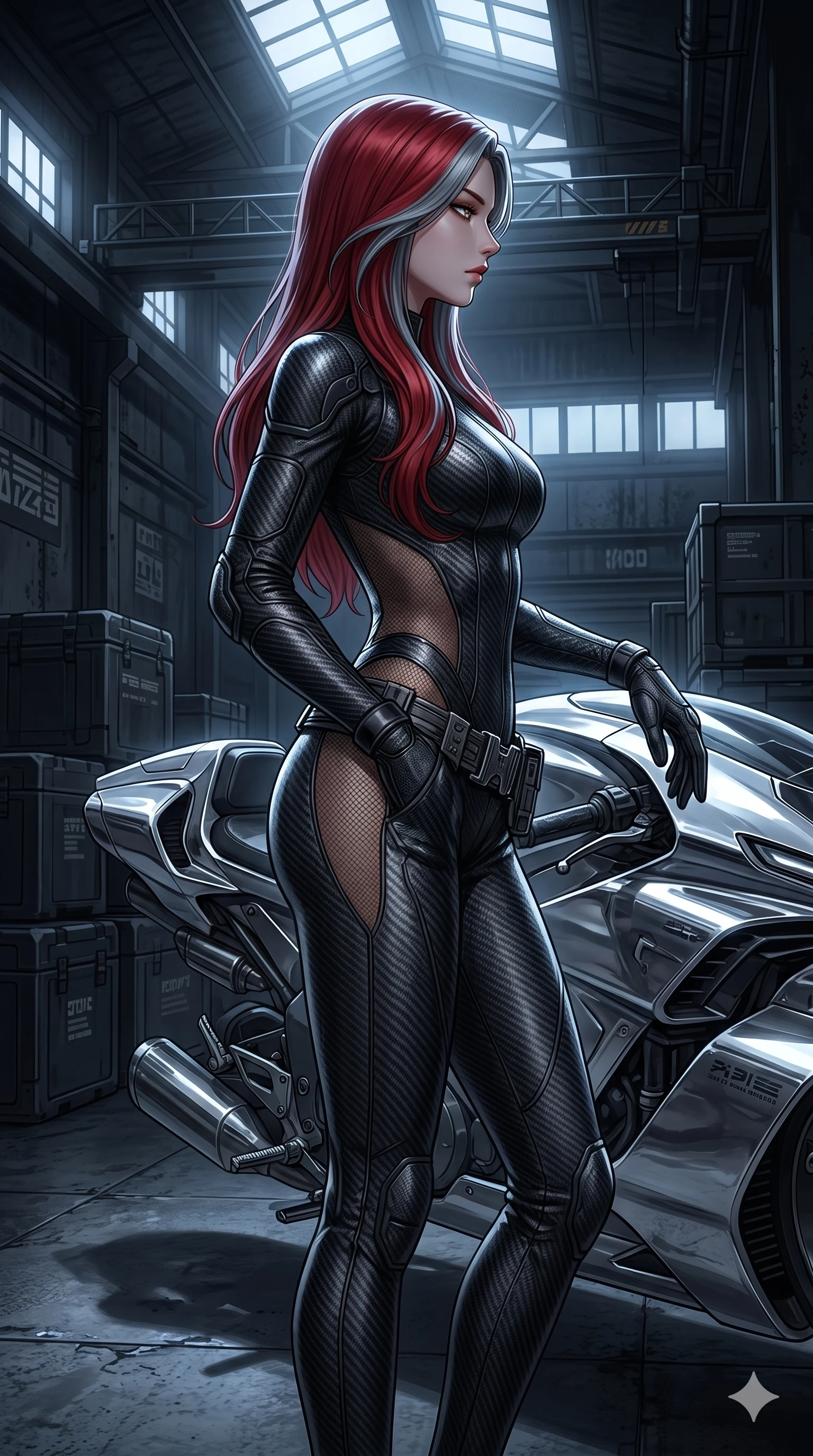 score_9, masterpiece, best quality, ultra-detailed, high-budget anime keyframe, editorial fashion photography, tasteful artistic composition, Caucasian woman, strictly human ears. cowboy shot from the thighs up, character and outfit filling the frame for maximum editorial presence. standing in a sharp profile against the light, her eyes glowing with a quiet, menacing self-assurance leaning against a sleek chrome hover-vehicle parked in a dark warehouse (Scenario Code H-16). She has an absolutely perfect 8-heads proportion, an exceptionally tall and slender female figure with impossibly long slender legs and an ultra-slim waist. V-shaped jawline, high-bridge nose, intricate jewel-like eyes with depth, thick eyelashes, glossy lips with a natural sheen. wearing a glove-like carbon-fiber texture combat suit with translucent mesh panels along her waist and hips. bathed in a cold silver moonlight creating deep, dramatic shadows on her figure. 2k, ultra detail, master piece, 9:16 ratio