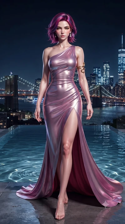 score_9, masterpiece, best quality, ultra-detailed, high-budget anime keyframe, editorial fashion photography, tasteful artistic composition, Caucasian woman. low angle full-body shot from head to toe showing her feet, filling the entire 9:16 vertica