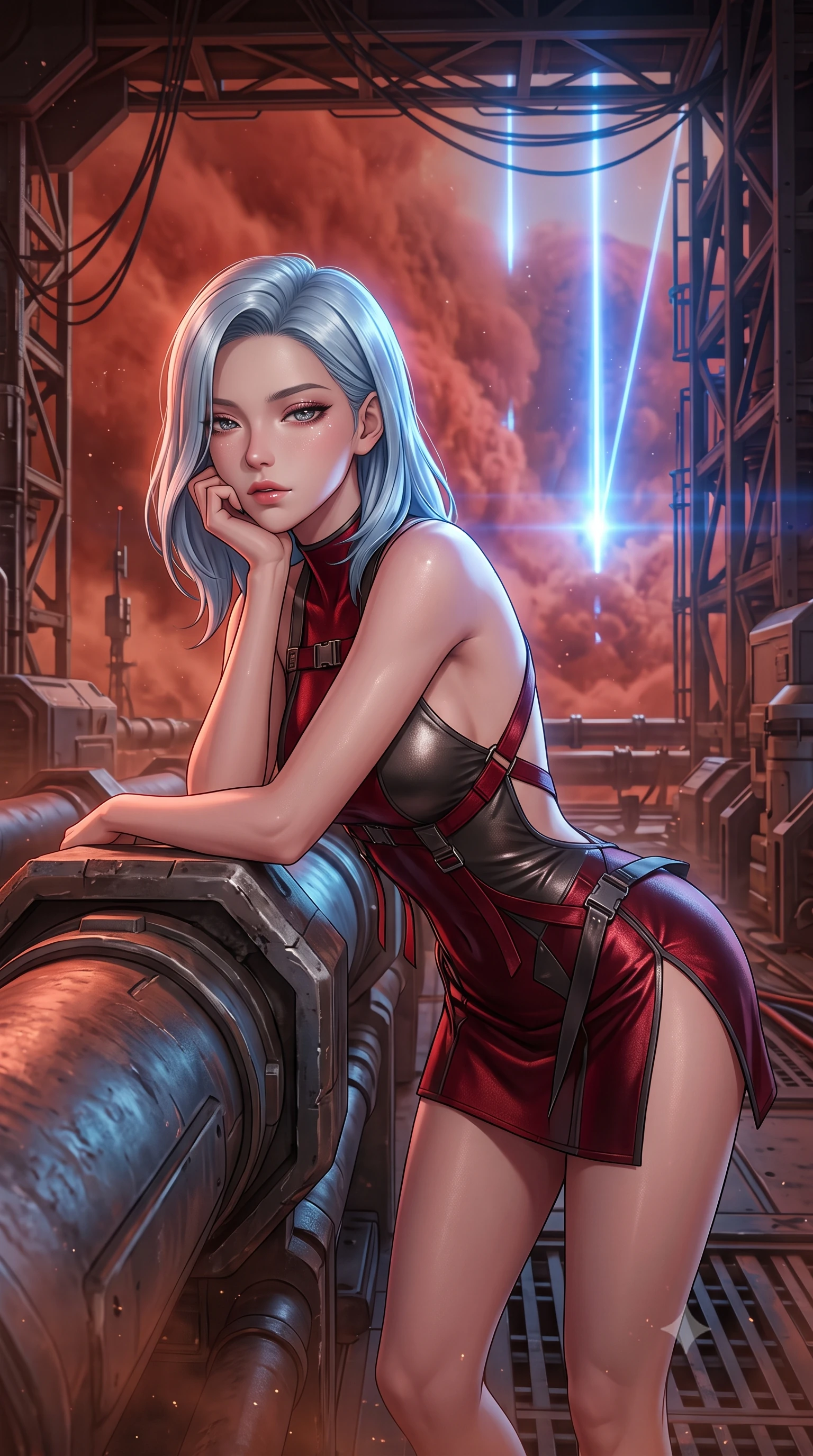 score_9, masterpiece, best quality, ultra-detailed, high-budget anime keyframe, semi-realistic 3D game render, editorial fashion photography, tasteful artistic composition, Korean woman. close-up cowboy shot from the waist and thighs up, the character dominates the composition, filling the frame with her large presence. resting one elbow on the table and supporting her chin, leaning close to the camera with heavy-lidded sparkling eyes and parted lips while leaning against the heavy terraforming conduit with hips cocked back, watching blue atmospheric ionization lasers pierce red dust storms with smoldering bedroom-eyes. The surrounding environment is rendered in vivid detail and crisp panoramic clarity: detailed anime combat uniform, vibrant shading, and monumental planetary terraforming architecture in razor-sharp precision. She has an exceptionally elegant, slender, and willowy female figure with an ultra-slim waist, flat toned midriff, narrow ribcage, and sculpted feminine hips creating an alluring, slim hourglass silhouette without bulk. sharp v-shaped jawline, high-bridge nose, intricate jewel-like sparkling eyes with depth, thick eyelashes, glossy parted lips with a natural peach sheen, bright cheerful beaming smile with an enchanting and coquettish sensual glint, exuding both youthful cute charm and seductive allure, flawlessly proportioned anatomical accuracy, strict slender model proportions, natural body alignment, perfectly sculpted long slender limbs, ultra-slim waistline, clean dynamic posture without body distortion. wearing a backless liquid foil flight mini dress with criss-cross spinal straps and daring high side slit in deep crimson hazard red and matte dark titanium, woven from stretch metallic lurex jersey casting radiant starlight glints across her curves, finished with sleek magnetic buckle closures fluttering in the breeze, the second-skin tailored fabric adhering flawlessly to her sculpted flat midriff and slender torso, emphasizing her long leg lines and perfectly proportioned willowy build. illuminated by red sand reflection bounce and sharp cobalt-blue laser rim lights sculpting her jawline, narrow waist, and curvy hips. highly saturated vibrant anime colors, detailed shading with soft gradients, rich glossy textures, high-contrast stereoscopic depth, volumetric dynamic lighting, master piece, 9:16 ratio