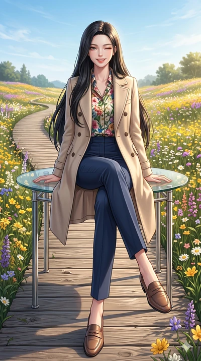 score_9, masterpiece, best quality, ultra-detailed, high-budget anime keyframe, vibrant anime aesthetic, Korean woman. low angle full-body shot from head to toe showing her feet, filling the entire 9:16 vertical frame with her statuesque presence, st