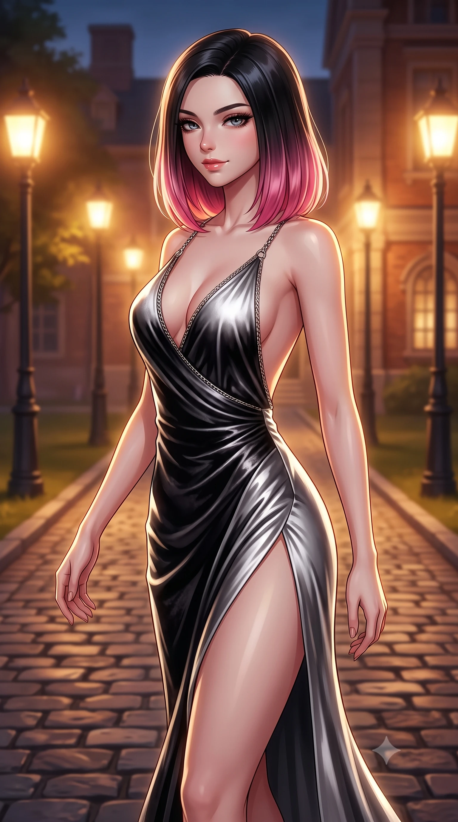 score_9, masterpiece, best quality, ultra-detailed, high-budget anime keyframe, editorial fashion photography, tasteful artistic composition, Korean woman. close-up cowboy shot from the waist and thighs up, the character dominates the composition, filling the frame with her large presence, background elements kept in soft focus. Glancing sidelong over her shoulder with a smoldering half-smile and heavy lashes stepping along a cobblestone academy path flanked by glowing streetlamps, warm amber glow illuminating the quiet architectural details of the campus. She has an exceptionally elegant, slender, and willowy female figure with an ultra-slim waist, a gracefully sculpted slender torso, and a refined silhouette. sharp v-shaped jawline, high-bridge nose, intricate jewel-like eyes with depth, thick eyelashes, glossy lips with a natural sheen. wearing a backless crushed velvet gown with a deep V-neckline and high thigh slit in matte black and polished silver, crafted from lustrous satin jersey with fluid draping, adorned with delicate metallic chain straps along the neckline, the glove-like fit emphasizing her statuesque silhouette. surrounded by a serene, nostalgic golden aura with soft backlighting. highly saturated vibrant anime colors, detailed shading with soft gradients, rich glossy textures, high-contrast stereoscopic depth, volumetric dynamic lighting, master piece, 9:16 ratio