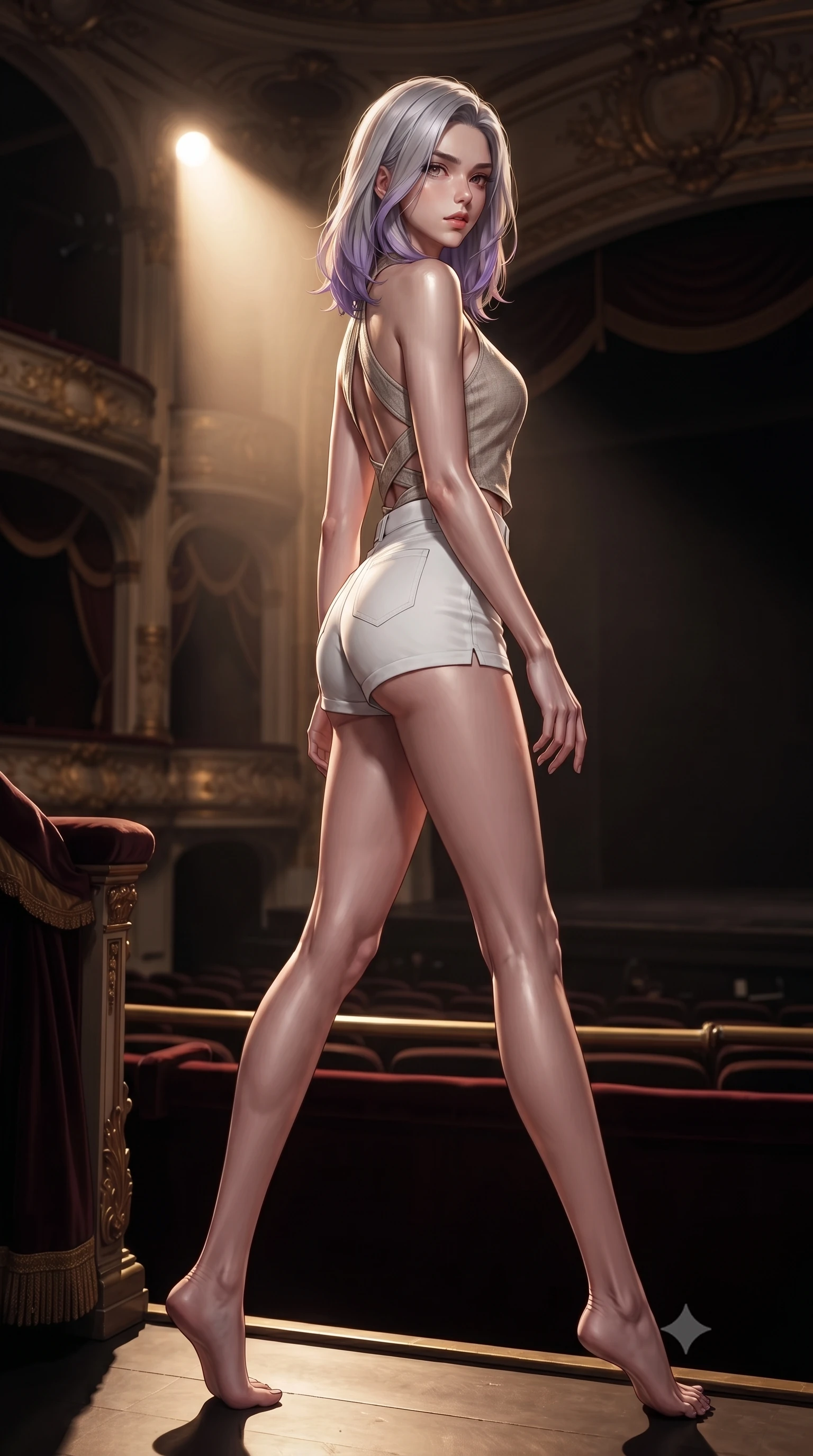 score_9, masterpiece, best quality, ultra-detailed, high-budget anime keyframe, editorial fashion photography, tasteful artistic composition, Caucasian woman. low angle full-body shot from head to toe showing her feet, filling the entire 9:16 vertical frame with her statuesque presence, stretching her vertical silhouette. stepping gracefully while looking back over her shoulder, her dress draped tightly to reveal her silhouette the background shows a soft-focus a private balcony alcove of a historic grand theater overlooking the empty orchestra pit. She has an absolutely perfect, statuesque 8.5-heads proportion, an exceptionally tall and slender model-like female figure with impossibly long slender legs and an ultra-slim waist. sharp v-shaped jawline, high-bridge nose, intricate jewel-like eyes with depth, thick eyelashes, glossy lips with a natural sheen. wearing a slim-fit stylish linen halter top with an open-back design, paired with white micro-shorts. a single warm spotlight from the stage tracing her statuesque posture. ultra-reflective glossy finish, specular highlights, metallic sheen, high-contrast stereoscopic depth, volumetric dynamic lighting, 2k, ultra detail, master piece, 9:16 ratio