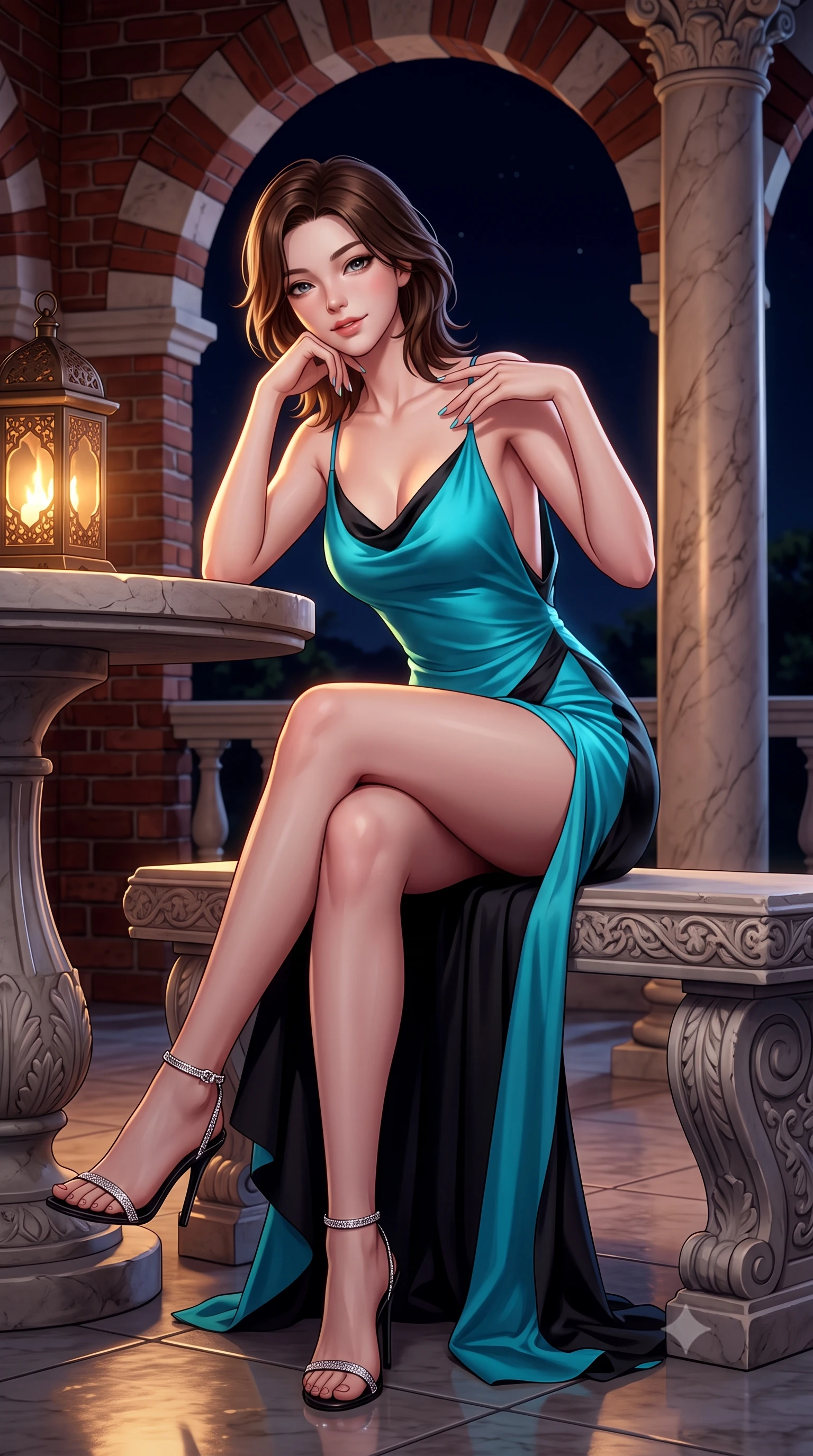 score_9, masterpiece, best quality, ultra-detailed, high-budget anime keyframe, semi-realistic 3D game render, editorial fashion photography, tasteful artistic composition, Korean woman. close-up cowboy shot from the waist and thighs up, the character dominates the composition, filling the frame with her large presence. resting one elbow on the table and supporting her chin, leaning close to the camera with heavy-lidded sparkling eyes and parted lips while sitting gracefully on the carved stone bench with legs crossed, running one manicured hand slowly down her collarbone with magnetic allure. The surrounding environment is rendered in vivid detail and crisp panoramic clarity: sharp red brick and white stone alternating voussoirs, polished Roman marble pillar veining, and perforated bronze lamp metalwork in deep focus. She has an exceptionally elegant, slender, and willowy female figure with an ultra-slim waist, flat toned midriff, narrow ribcage, and sculpted feminine hips creating an alluring, slim hourglass silhouette without bulk. sharp v-shaped jawline, high-bridge nose, intricate jewel-like sparkling eyes with depth, thick eyelashes, glossy parted lips with a natural peach sheen, bright cheerful beaming smile with an enchanting and coquettish sensual glint, exuding both youthful cute charm and seductive allure, flawlessly proportioned anatomical accuracy, strict slender model proportions, natural body alignment, perfectly sculpted long slender limbs, ultra-slim waistline, clean dynamic posture without body distortion. wearing a form-contouring gossamer silk chiffon slip dress with a hip-high slit and open cowl back clinging with dewy moisture in Icelandic geothermal cyan and volcanic basalt obsidian, made of fluid liquid jersey with seamless sculpting hold and smooth contours, complemented by strappy stiletto sandals with crystal ankle wraps accentuating her slender calves, the second-skin tailored fabric adhering flawlessly to her sculpted flat midriff and slender torso, emphasizing her long leg lines and perfectly proportioned willowy build. illuminated by polished stone floor bounce and sharp flame-gold rim lights defining her dewy collarbones, ultra-slim waist, and curvy hips. highly saturated vibrant anime colors, detailed shading with soft gradients, rich glossy textures, high-contrast stereoscopic depth, volumetric dynamic lighting, master piece, 9:16 ratio