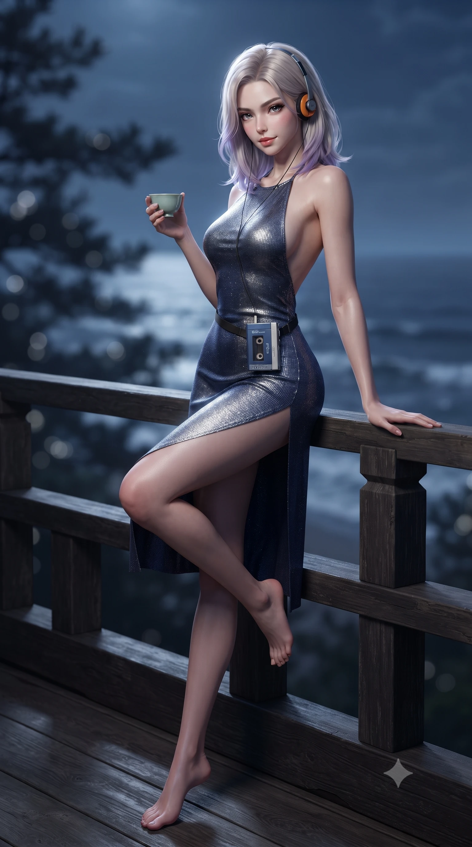 score_9, masterpiece, best quality, ultra-detailed, high-budget anime keyframe, editorial fashion photography, tasteful artistic composition, Caucasian woman. low angle full-body shot from head to toe showing her feet, filling the entire 9:16 vertical frame with her statuesque presence, stretching her vertical silhouette. leaning deep against the balcony balustrade with hips cocked back in an unapologetically alluring high-fashion stance, casting an intoxicating glance while lounging on the wooden pavilion floor with one leg drawn up, holding a celadon wine cup with an intoxicating, teasing smile. The background shows a soft-focus gnarled ancient pine silhouettes and rolling ocean waves below blurred into deep midnight navy, silver, and charcoal bokeh. She has an absolutely perfect, statuesque 8.5-heads proportion, an exceptionally tall and slender model-like female figure with impossibly long slender legs, an ultra-slim waist, a flat toned midriff, narrow delicate ribcage, and beautifully sculpted feminine hips creating a graceful, slim hourglass silhouette without any bulky heaviness. sharp v-shaped jawline, high-bridge nose, sparkling eyes with hypnotic seductive depth, thick curled eyelashes, glossy parted lips with a natural dewy peach sheen, alluring bedroom-eyes with an enchanting coquettish smile, exuding magnetic siren charisma and sophisticated glamour, flawlessly proportioned anatomical accuracy, strict slender model proportions, natural body alignment, perfectly sculpted long slender limbs, ultra-slim waistline, clean dynamic posture without body distortion. wearing a slinky backless halterneck column mini dress in shimmering stretch lurex with deep side slits in metallic liquid silver and deep sapphire navy, tailored from fine ribbed modal knit with gentle elastic contouring and soft hand-feel, complemented by a retro cassette walkman with vintage foam-padded orange headphones, the glove-like clinging cut tightly following the natural contour of her hips and long slender legs with youthful 8.5-heads elegance. bathed in brilliant horizontal moonlight sweeping across the ocean surface. ultra-reflective glossy finish, specular highlights, rich textural contrasts, high-contrast stereoscopic depth, volumetric dynamic lighting, 2k, ultra detail, master piece, 9:16 ratio