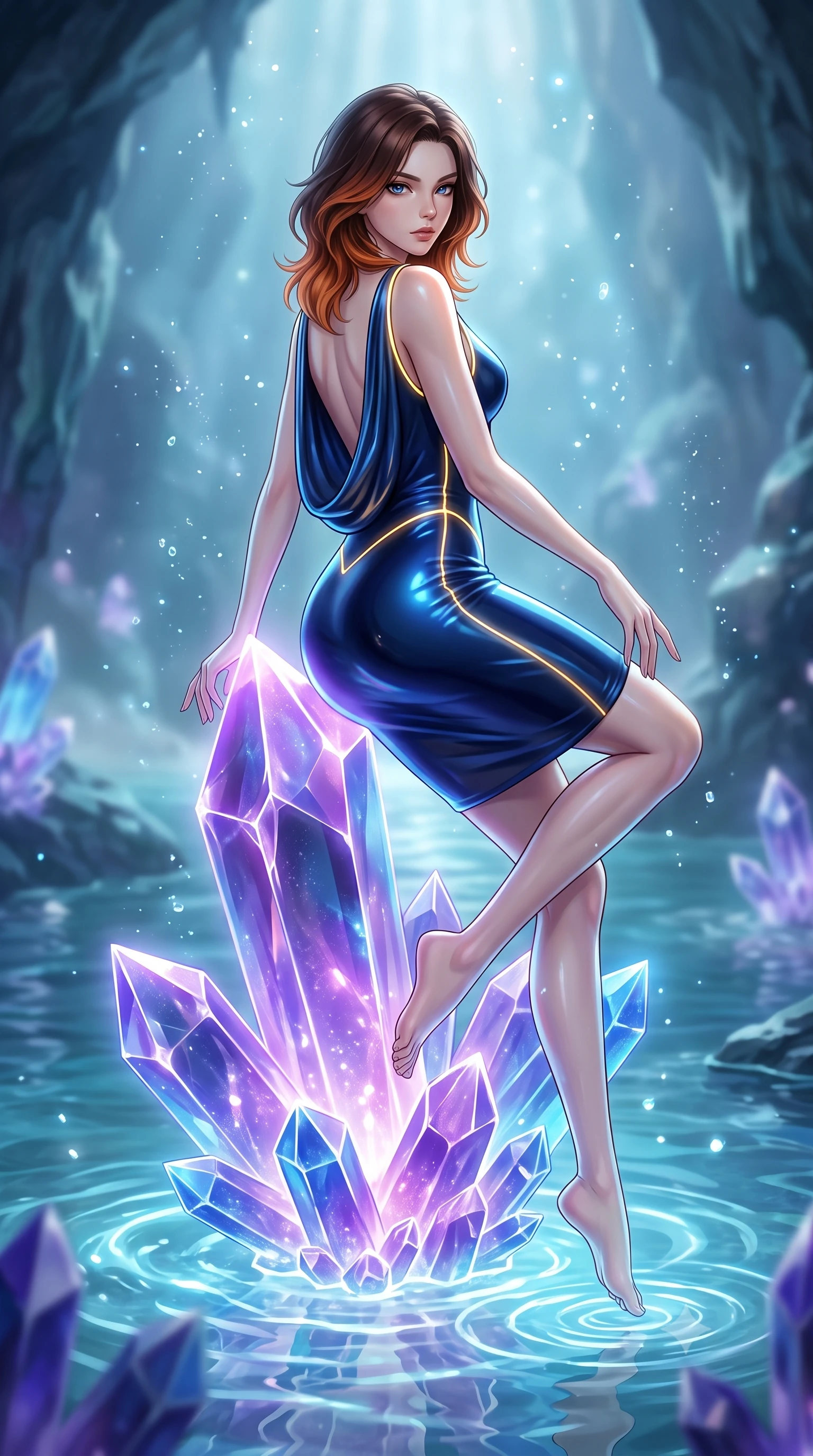 score_9, masterpiece, best quality, ultra-detailed, high-budget anime keyframe, semi-realistic 3D game render, editorial fashion photography, tasteful artistic composition, Korean woman. low angle full-body shot from head to toe showing her feet, filling the entire 9:16 vertical frame with her statuesque presence, stretching her vertical silhouette. performing an alluring mid-air vault with flawless poise, looking directly into the camera with smoldering intensity while reclining gracefully on a glowing crystal formation as luminescent water ripples around her limbs. The composition keeps background elements in soft focus with creamy bokeh. luminescent water mist and crystal refractions softened by creamy shallow focus. She has an absolutely perfect, statuesque 8.5-heads proportion, an exceptionally tall and slender model-like female figure with impossibly long slender legs and an ultra-slim waist. sharp v-shaped jawline, high-bridge nose, intricate jewel-like eyes with depth, thick eyelashes, glossy lips with a natural sheen, flawlessly proportioned anatomical accuracy, natural body alignment, perfectly sculpted elegant limbs, clean dynamic posture without body distortion. wearing a precision-fitted liquid jersey bodycon dress with a dramatic draped cowl back that swoops down to her waist in midnight sapphire blue and glowing gold filaments, crafted from ultra-reflective second-skin latex with a glass-like polish, accented with glowing fiber-optic seams tracing her collarbones and hip curves, the sleek aerodynamic cut emphasizing her magnetic presence and alluring physical grace. surrounded by a mysterious, pristine, and alluringly cool aquatic grotto atmosphere. highly saturated vibrant anime colors, detailed shading with soft gradients, rich glossy textures, high-contrast stereoscopic depth, volumetric dynamic lighting, master piece, 9:16 ratio