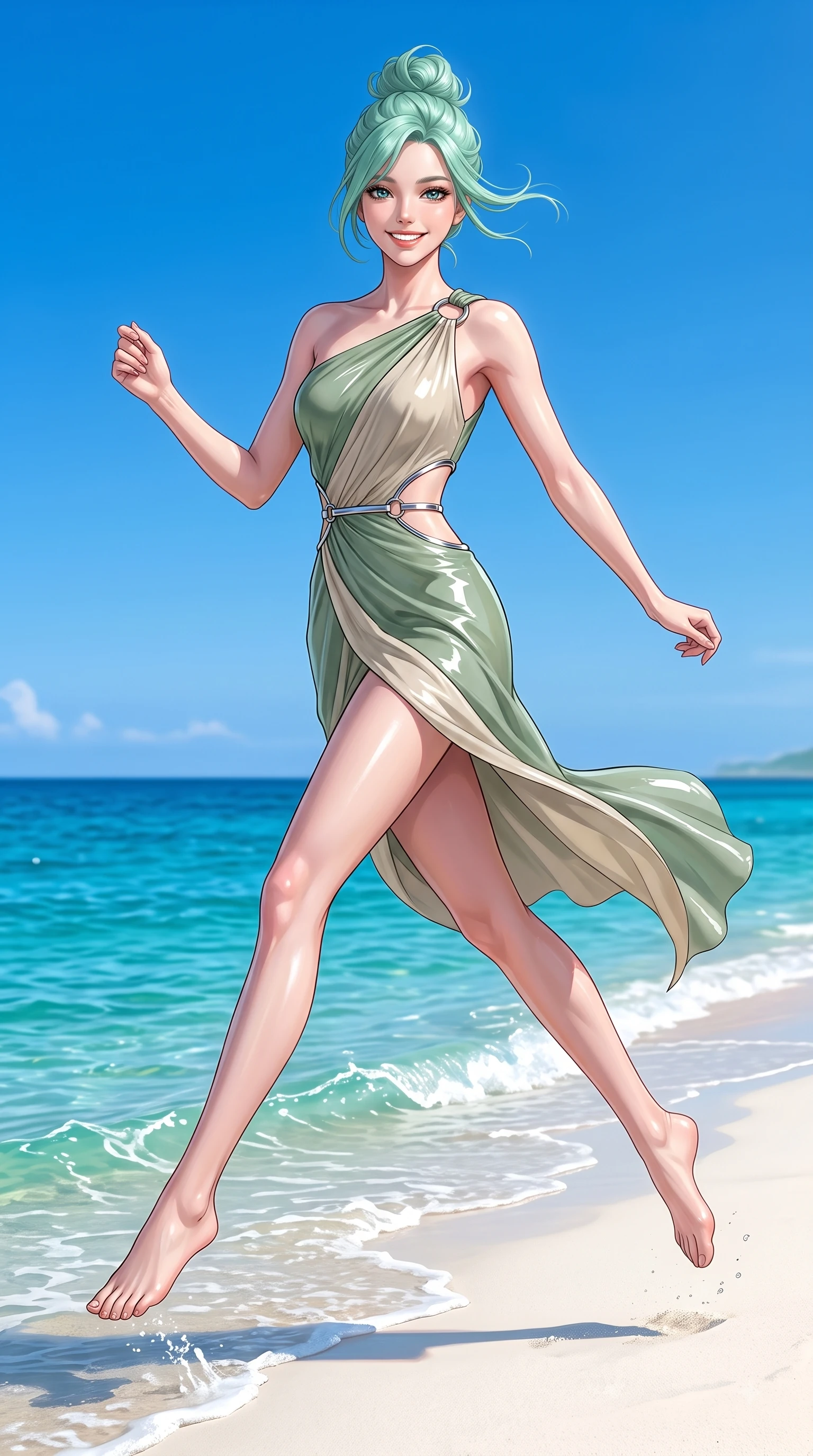 score_9, masterpiece, best quality, ultra-detailed, high-budget anime keyframe, editorial fashion photography, tasteful artistic composition, Japanese woman. low angle full-body shot from head to toe showing her feet, filling the entire 9:16 vertical frame with her statuesque presence, stretching her vertical silhouette. leaping with pure joy through mid-air with a radiant bright smile, her impossibly long slender legs stretched in perfect balance while running playfully along a white sand beach as clear emerald ocean waves lap at her feet, soft white sand contrasting beautifully with rich ocean azure and vibrant sky blue hues. She has an absolutely perfect, statuesque 8.5-heads proportion, an exceptionally tall and slender model-like female figure with impossibly long slender legs and an ultra-slim waist. sharp v-shaped jawline, high-bridge nose, intricate jewel-like eyes with depth, thick eyelashes, glossy lips with a natural sheen, flawlessly proportioned anatomical accuracy, natural body alignment, perfectly sculpted elegant limbs, clean dynamic posture without body distortion. wearing an asymmetrical Grecian draped chiffon gown with a metallic shoulder ring in sage green and oatmeal, tailored from high-gloss patent leather, accented with delicate chrome ring hardware framing her waist, the form-contouring material highlighting her ultra-slim waist and long lines. surrounded by a bright, pristine beach ambiance with cheerful specular highlights. ultra-reflective glossy finish, specular highlights, metallic sheen, high-contrast stereoscopic depth, volumetric dynamic lighting, 2k, ultra detail, master piece, 9:16 ratio