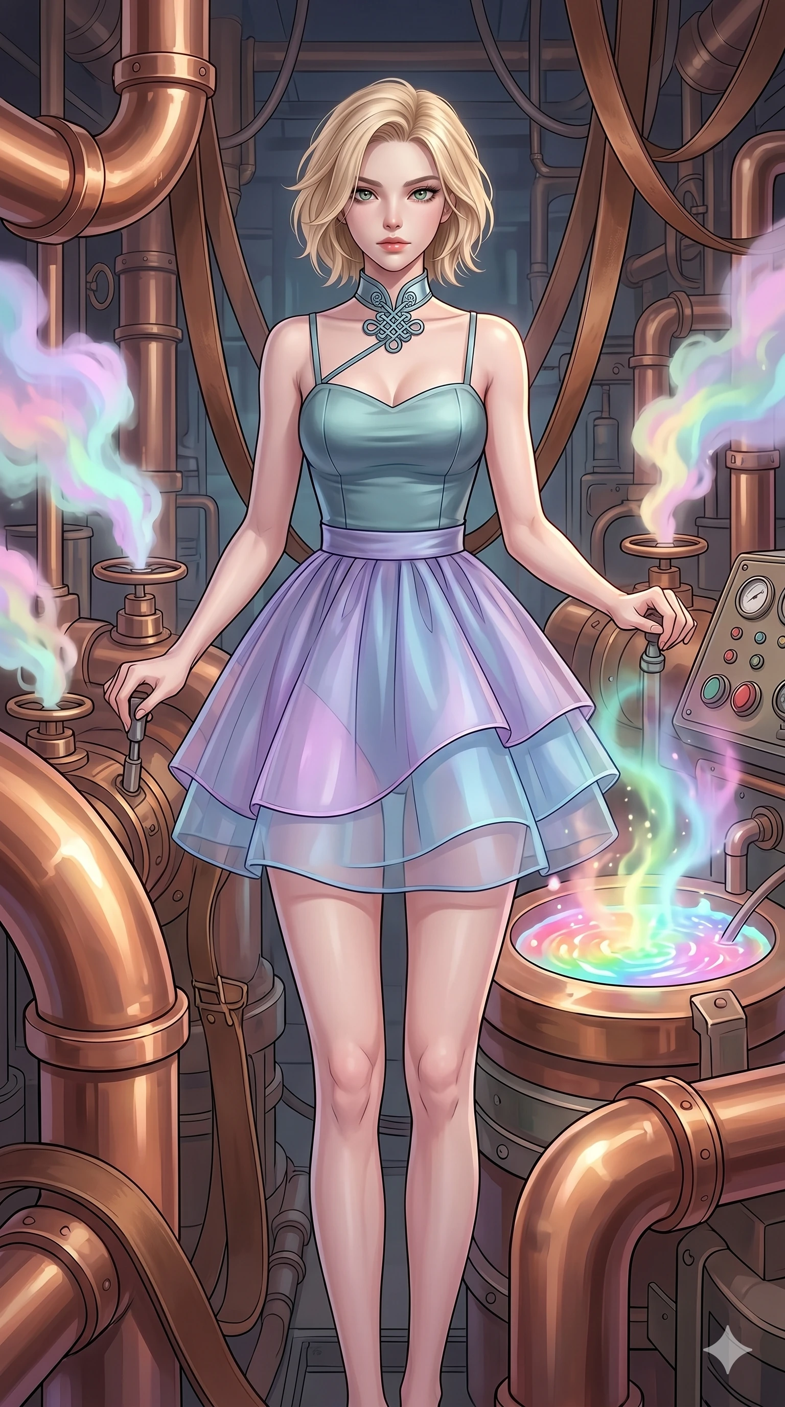 score_9, masterpiece, best quality, ultra-detailed, high-budget anime keyframe, Korean woman. upper body close-up from the thighs up, character filling the screen for maximum presence. operating a steampunk aurora foundry surrounded by massive copper pipes and leather belts, where pastel aurora gas billows from valves and liquid rainbow energy boils in a crucible. She has an absolutely perfect 8-heads proportion, an exceptionally tall and slender female figure with impossibly long slender legs and an ultra-slim waist. V-shaped jawline, high-bridge nose, intricate jewel-like eyes with depth, thick eyelashes, glossy lips with a natural sheen.. wearing a modern fusion silk hanbok dress, featuring a silk bustier top, layered sheer organza skirts, and a traditional knot choker. lit by a soft glowing ambient light and a sharp side key light that traces the sleek contours of her athletic build. 2k, ultra detail, master piece, 9:16 ratio