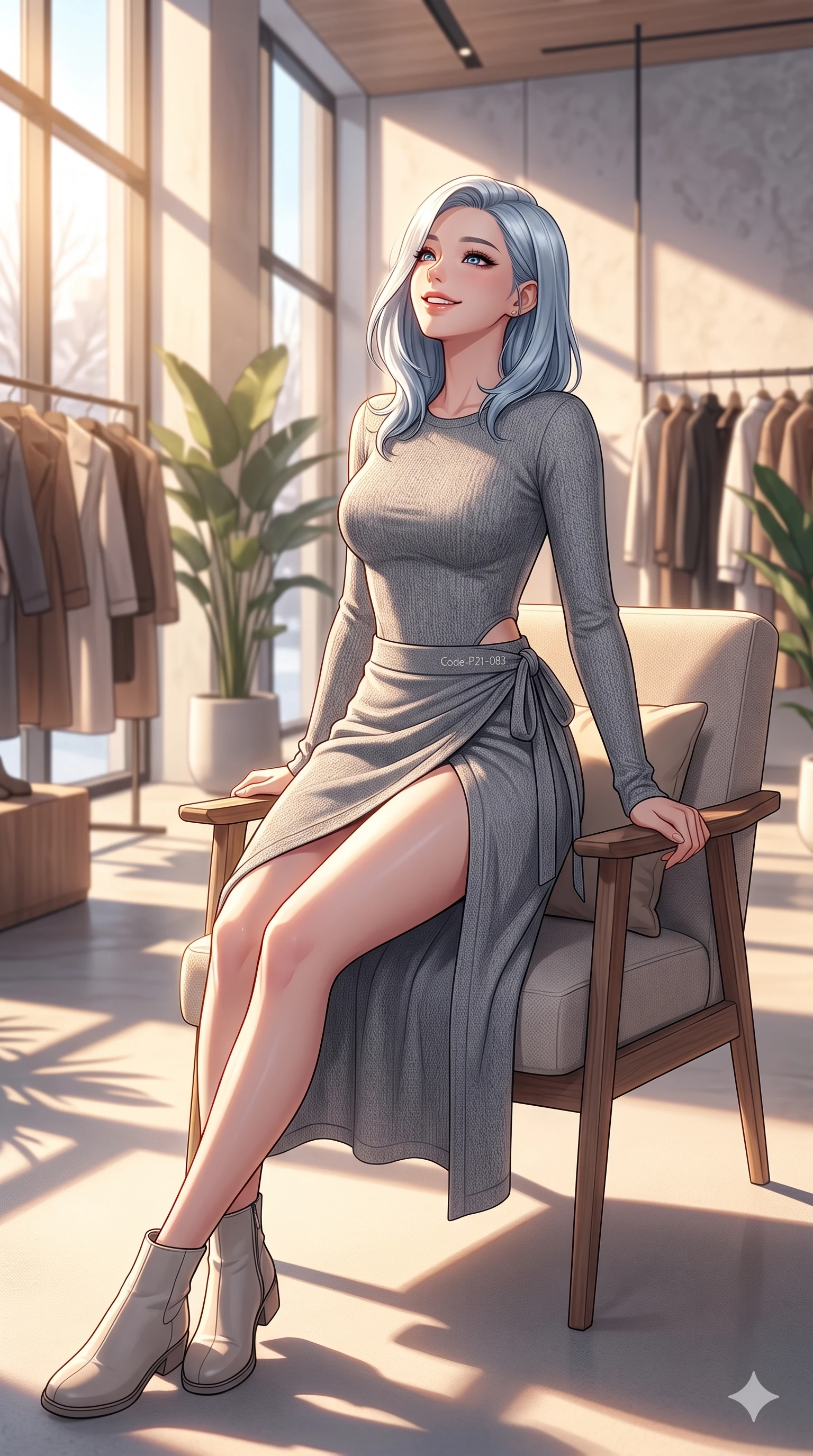 score_9, masterpiece, best quality, ultra-detailed, high-budget anime keyframe, vibrant anime aesthetic, Korean woman. cowboy shot from the thighs up, character and outfit filling the frame for maximum presence. She is leaning back on a chalet chair with a delightful smile, looking up happily standing in a modern high-fashion boutique in the winter sun (Code-P21-083). She has an absolutely perfect 8-heads proportion, an exceptionally tall and slender female figure with impossibly long slender legs and an ultra-slim waist. V-shaped jawline, high-bridge nose, intricate jewel-like eyes with depth, thick eyelashes, glossy lips with a natural sheen. wearing a bodycon leotard with a high-slit wrap skirt in winter active-knit. She is bathed in soft, radiant golden hour sun casting long, elegant shadows around her. 2k, ultra detail, master piece, 9:16 ratio