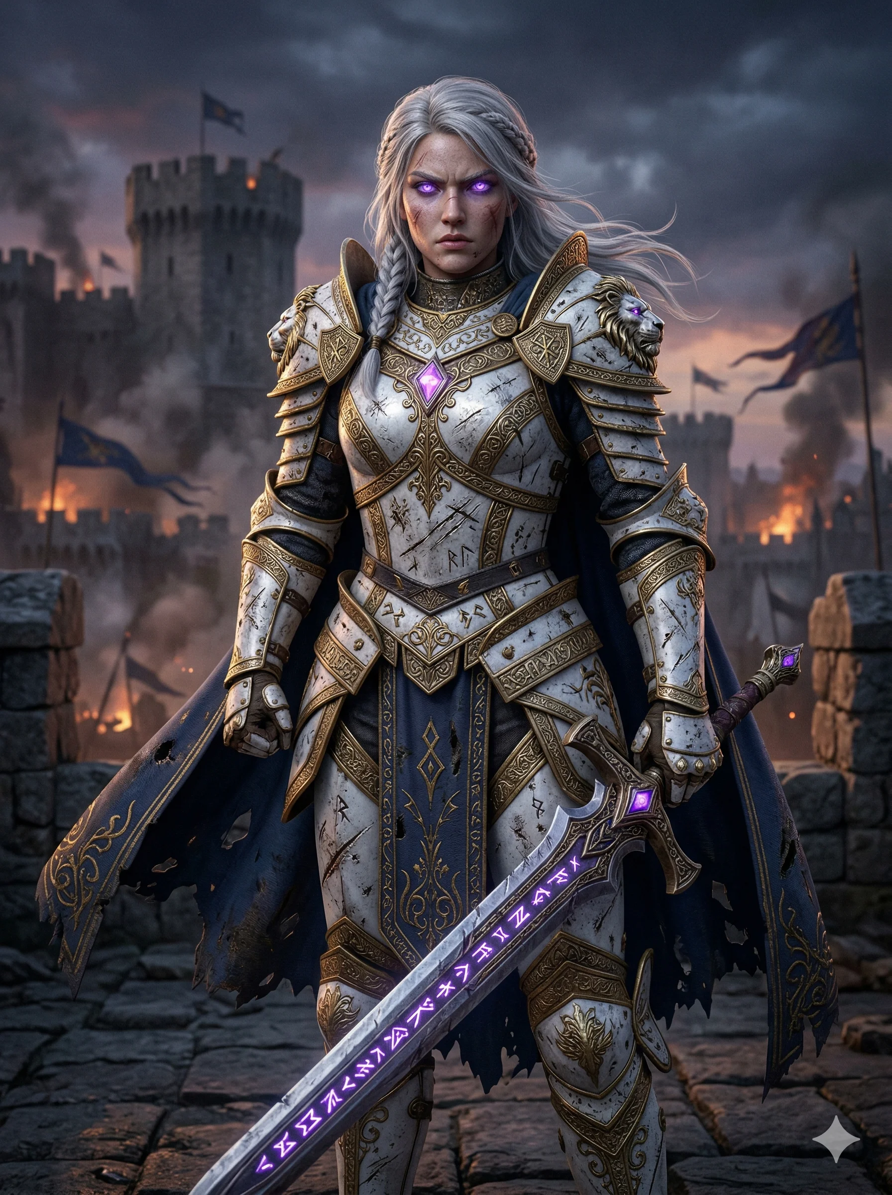A stunning female character with silver hair and glowing violet eyes, wearing ornate gold-etched white armor, every scratch and engraving on the metal clearly visible, AAA game cinematic style, 2k, ultra detail, master piece, 3:4 ratio