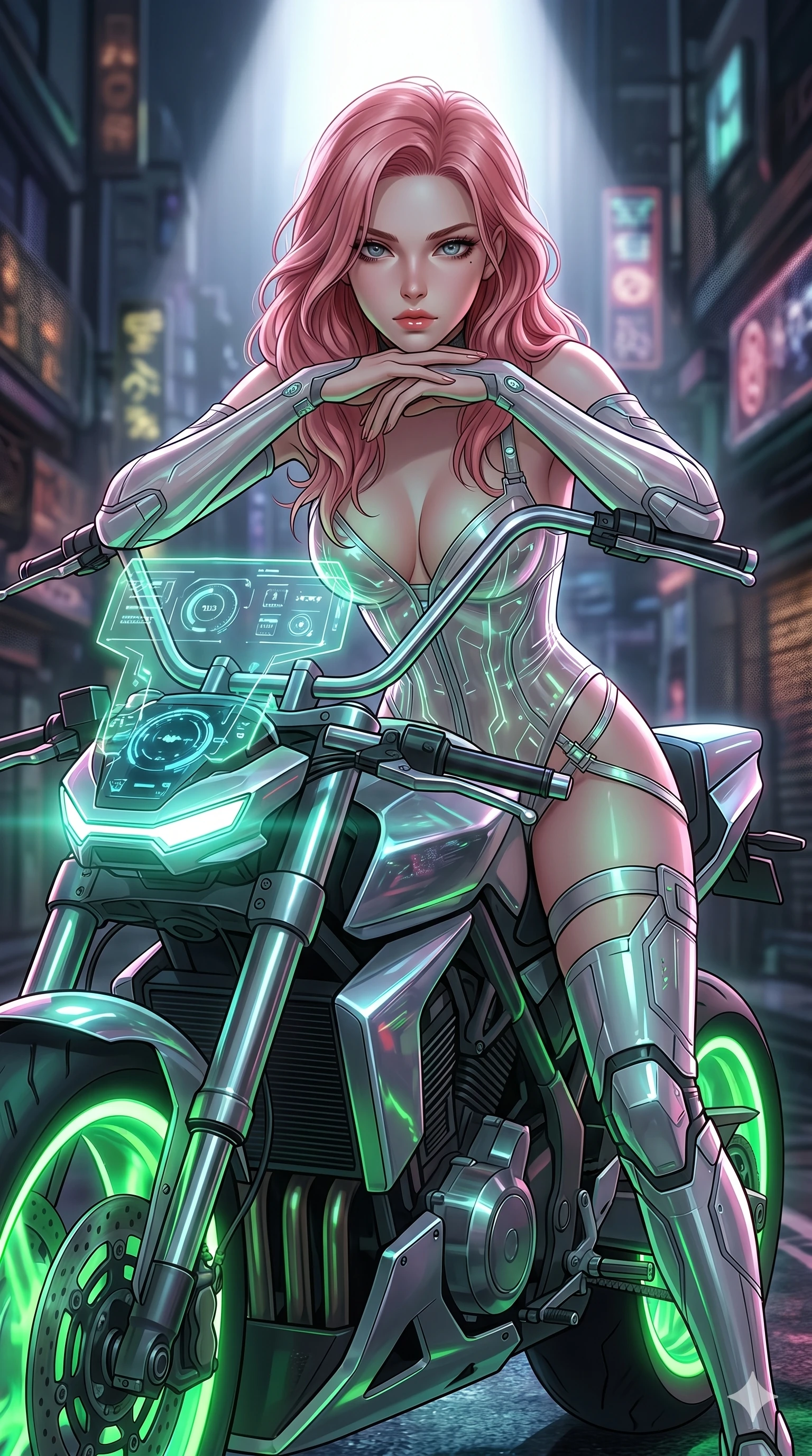 score_9, masterpiece, best quality, ultra-detailed, high-budget anime keyframe, editorial fashion photography, tasteful artistic composition, Japanese woman. Upper body close-up from the thighs up, character filling the screen for maximum presence. She is leaning over a sleek, glowing holographic cyberpunk motorcycle. She rests her chin on the handlebars, looking directly at the camera with an intense, sultry gaze. She has an absolutely perfect 8-heads proportion, an exceptionally tall and slender female figure with impossibly long slender legs and an ultra-slim waist. V-shaped jawline, high-bridge nose, intricate jewel-like eyes with depth, thick eyelashes, glossy lips with a natural sheen. She is wearing a translucent cybernetic corset in semi-opaque structured vinyl, combined with detached sleeves and a deep-plunging neckline secured by glowing micro-straps. The scene is lit by the neon green wheels of the bike and a bright overhead studio spotlight. 2k, ultra detail, master piece, 9:16 ratio