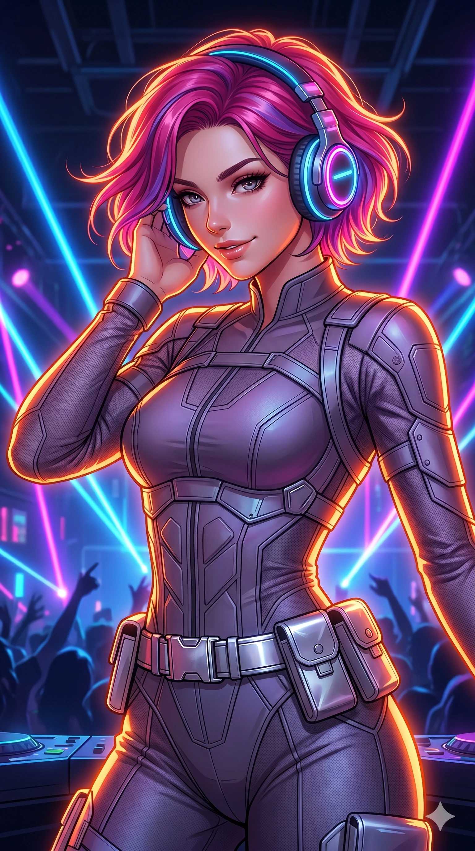 score_9, masterpiece, best quality, ultra-detailed, high-budget anime keyframe, Caucasian woman, strictly human ears. Upper body close-up from the thighs up, character filling the screen for maximum presence. She is adjusting glowing neon headphones at a futuristic rooftop DJ booth. She sways to the music, glancing down at the crowd below with a confident, mesmerizing smile. She has an absolutely perfect 8-heads proportion, a tall and elegant figure with a refined silhouette and a defined waistline. V-shaped jawline, high-bridge nose, intricate jewel-like eyes with depth, thick eyelashes, glossy lips with a natural sheen. She is wearing a high-fashion tech-jumpsuit featuring structured panel overlays across the torso and shoulders, accented by a metallic silver utility belt and textured fabric sleeves. The scene is lit by brilliant neon club laser beams and bright orange key lights tracing her silhouette. 2k, ultra detail, master piece, 9:16 ratio