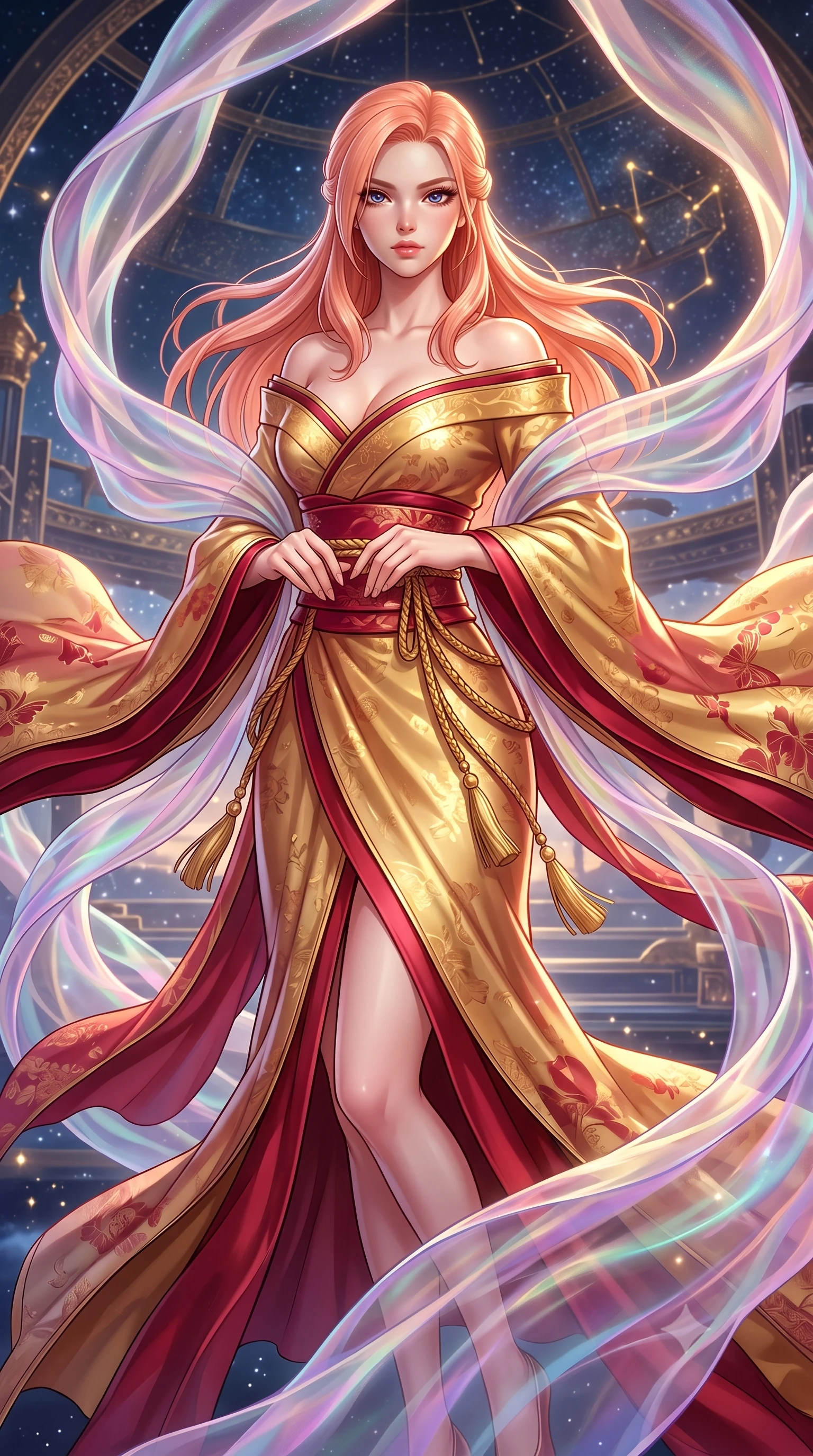 score_9, masterpiece, best quality, ultra-detailed, high-budget anime keyframe, semi-realistic 3D game render, editorial fashion photography, tasteful artistic composition, Japanese woman. close-up cowboy shot from the waist and thighs up, the character dominates the composition, filling the frame with her large presence. holding her hands loosely in front with regal, aristocratic poise, radiating an overwhelming high-society aura while executing a slow zero-gravity spiral turn as iridescent organza drapes swirl around her statuesque silhouette. The surrounding environment is rendered in vivid detail and crisp panoramic clarity. transcendent zero-gravity chiaroscuro and cosmic oriental palace aesthetics captured with precision. She has an exceptionally elegant, slender, and willowy female figure with an ultra-slim waist, a gracefully sculpted slender torso, toned flat midriff, and a refined slim silhouette. sharp v-shaped jawline, high-bridge nose, intricate jewel-like eyes with depth, thick eyelashes, glossy lips with a natural sheen, captivating and magnetic expression, flawlessly proportioned anatomical accuracy, strict slender model proportions, natural body alignment, perfectly sculpted long slender limbs, ultra-slim waistline, clean dynamic posture without body distortion. wearing an off-shoulder celestial kimono gown with fluttering silk drapes and a high side slit in imperial gold and deep crimson silk, made of liquid-smooth silk satin with subtle floral jacquard, accessorized with delicate gold bell tassels and braided silk cords, the liquid-tight tailored fabric emphasizing every curve of her tall, slender model proportions and sculptured silhouette during dynamic movement. bathed in multidirectional celestial starlight and warm golden constellation backlighting. highly saturated vibrant anime colors, detailed shading with soft gradients, rich glossy textures, high-contrast stereoscopic depth, volumetric dynamic lighting, master piece, 9:16 ratio