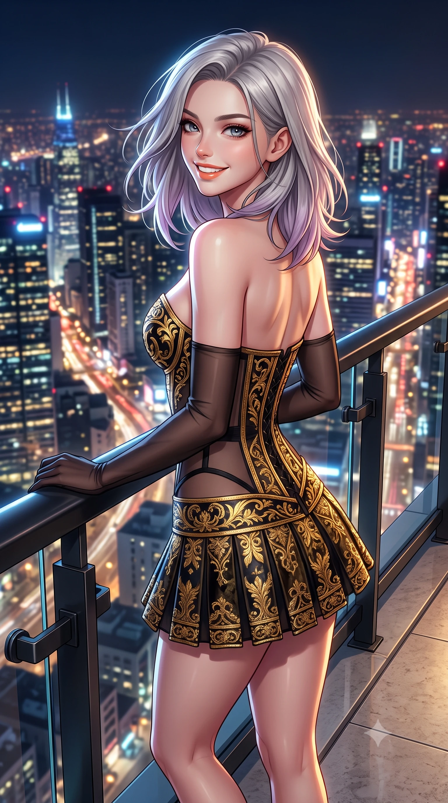 score_9, masterpiece, best quality, ultra-detailed, high-budget anime keyframe, semi-realistic 3D game render, editorial fashion photography, tasteful artistic composition, Caucasian woman. close-up cowboy shot from the waist and thighs up, the character dominates the composition, filling the frame with her large presence. posing in an alluring rear three-quarter angle, looking over a bare shoulder with parted glossy lips, her hips cocked back to highlight her slim hourglass curve while leaning against the sleek blackened titanium balustrade with hips cocked back, casting an alluring bedroom-gaze over the pulsing metropolis. The surrounding environment is rendered in vivid detail and crisp panoramic clarity: sharp frameless glass railing edge bevels, honed limestone floor joints, and blackened metal structural brackets in deep focus. She has an exceptionally elegant, slender, and willowy female figure with an ultra-slim waist, flat toned midriff, narrow ribcage, and sculpted feminine hips creating an alluring, slim hourglass silhouette without bulk. sharp v-shaped jawline, high-bridge nose, intricate jewel-like sparkling eyes with depth, thick eyelashes, glossy parted lips with a natural peach sheen, bright cheerful beaming smile with an enchanting and coquettish sensual glint, exuding both youthful cute charm and seductive allure, flawlessly proportioned anatomical accuracy, strict slender model proportions, natural body alignment, perfectly sculpted long slender limbs, ultra-slim waistline, clean dynamic posture without body distortion. wearing a structured boned corset top paired with an ultra-short low-rise pleated micro mini skirt in Viennese golden secession noir and imperial 24k gold leaf, featuring strategic sheer-illusion tulle side panels framing her ribcage and hips, complemented by sheer opera-length evening gloves tracing her slender arms, the form-contouring silhouette accentuating her sculpted flat midriff, narrow delicate ribcage, and gracefully curvy hips with intoxicating allure. illuminated by city glow upward fill and sharp platinum rim lights sculpting her features, flat midriff, and curvaceous hips. highly saturated vibrant anime colors, detailed shading with soft gradients, rich glossy textures, high-contrast stereoscopic depth, volumetric dynamic lighting, master piece, 9:16 ratio