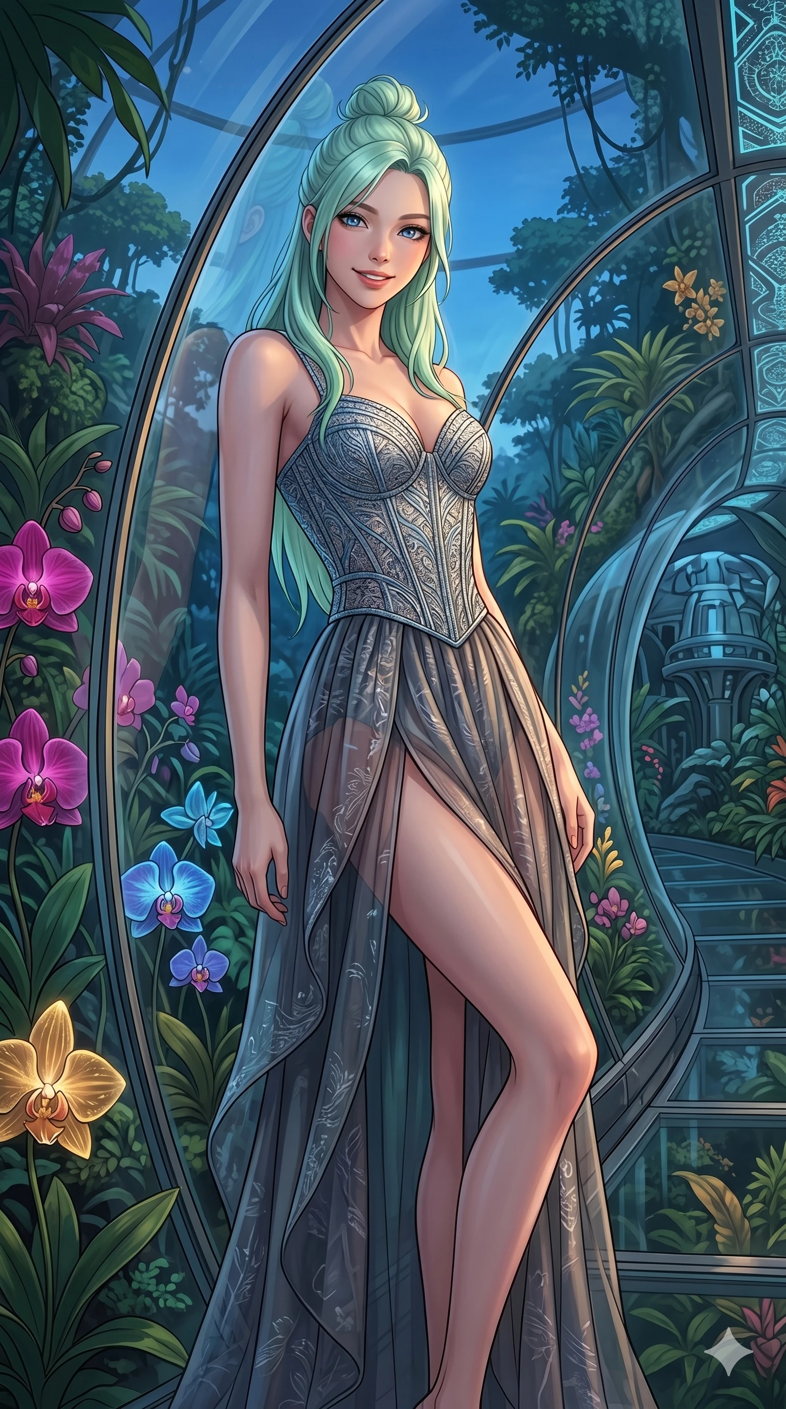 score_9, masterpiece, best quality, ultra-detailed, high-budget anime keyframe, editorial fashion photography, tasteful artistic composition, Japanese woman. cowboy shot from the thighs up, character and outfit filling the frame for maximum editorial presence. leaning against the glass tunnel wall, looking at the viewer with a smile in a rainforest dome with glowing orchids (Code-P17-163). She has an absolutely perfect 8-heads proportion, an exceptionally tall and slender female figure with impossibly long slender legs and an ultra-slim waist. V-shaped jawline, high-bridge nose, intricate jewel-like eyes with depth, thick eyelashes, glossy lips with a natural sheen. wearing a fine patterned embroidery structured bodice top paired with a translucent skirt. soft blue twilight glow mixed with warm window light, tracing her jawline and nose. 2k, ultra detail, master piece, 9:16 ratio