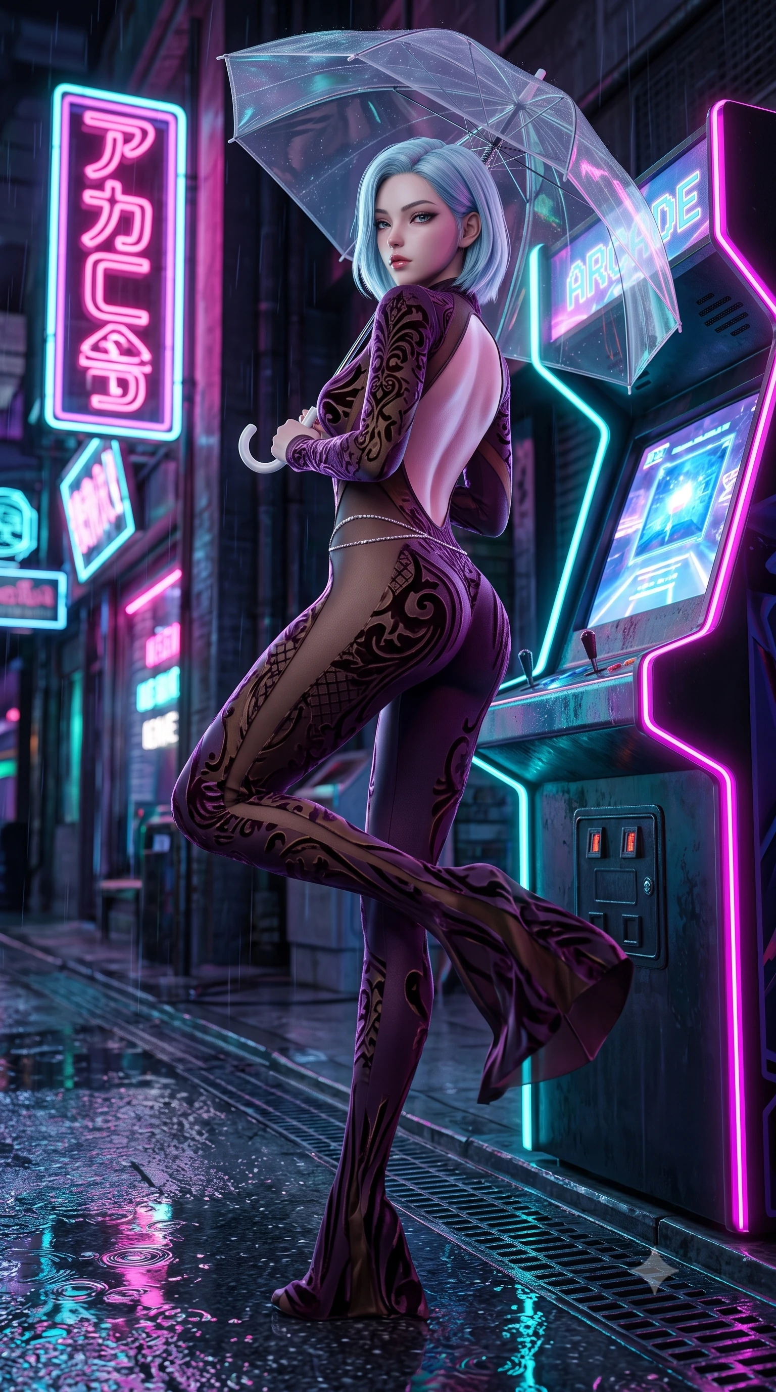 score_9, masterpiece, best quality, ultra-detailed, high-budget anime keyframe, semi-realistic 3D game render, editorial fashion photography, tasteful artistic composition, Korean woman. low angle full-body shot from head to toe showing her feet, filling the entire 9:16 vertical frame with her statuesque presence, stretching her vertical silhouette. executing an elegant mid-motion pivot turn as garments swirl around her slender limbs, glancing over her shoulder with an intoxicating bedroom-gaze while leaning back against an illuminated holographic arcade kiosk with hips cocked, casting a smoky, dangerous bedroom-gaze from beneath a transparent vinyl umbrella. The surrounding environment is rendered in vivid detail and crisp panoramic clarity. sharp reflective rain puddle textures, neon sign glass filament clarity, and street grate grill patterns in deep focus. She has an exceptionally tall and slender model-like 8.5-heads proportion, an ultra-slim waist, a flat toned midriff, narrow delicate ribcage, and beautifully sculpted feminine hips creating a graceful, slim hourglass silhouette without any bulky heaviness, with impossibly long slender legs. sharp v-shaped jawline, high-bridge nose, intricate jewel-like eyes with depth, thick eyelashes, glossy parted lips with a natural sheen, intensely captivating and seductive bedroom-eyes expression, flawlessly proportioned anatomical accuracy, strict slender model proportions, natural body alignment, perfectly sculpted long slender limbs, ultra-slim waistline, clean dynamic posture without body distortion. wearing a second-skin compression catsuit with an open back and sheer mesh side waist contouring in deep plum violet and antique bronze, made of sheer contouring power-mesh with velvet flocking patterns, accented with a dainty diamond waist chain catching the ambient light reflections, the form-contouring material adhering flawlessly to her sculpted flat midriff and slender torso, emphasizing her long leg lines and perfectly proportioned willowy build. bathed in high-contrast electric magenta and turquoise neon edge lights contrasting with rain-soaked shadow tones. highly saturated vibrant anime colors, detailed shading with soft gradients, rich glossy textures, high-contrast stereoscopic depth, volumetric dynamic lighting, master piece, 9:16 ratio
