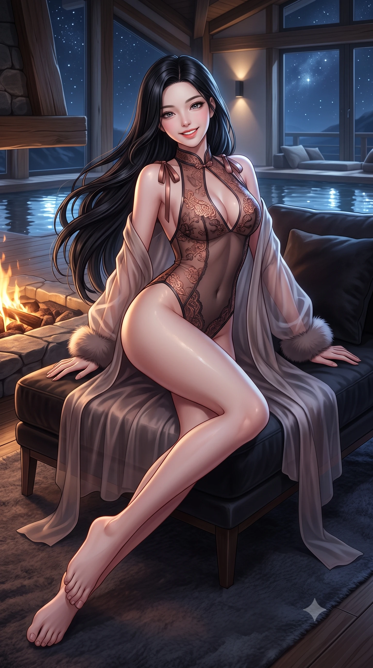 score_9, masterpiece, best quality, ultra-detailed, high-budget anime keyframe, semi-realistic 3D game render, editorial fashion photography, tasteful artistic composition, Korean woman. low angle full-body shot from head to toe showing her feet, filling the entire 9:16 vertical frame with her statuesque presence, stretching her vertical silhouette. reclining gracefully across the plush chaise lounge with one leg extended, her sculpted silhouette and flat midriff radiating magnetic nocturnal glamour while twisting her slender torso in an alluring contrapposto stance beside the sunken hearth, starlight and water ripples tracing her flat midriff. The surrounding environment is rendered in vivid detail and crisp panoramic clarity: detailed translucent cashmere-gauze boudoir robe with faux-fur cuffs, strappy lace bralette cling, and alpine engineering in razor-sharp precision. She has an exceptionally tall and slender model-like 8.5-heads proportion, an ultra-slim waist, a flat toned midriff, narrow delicate ribcage, and beautifully sculpted feminine hips creating a graceful, slim hourglass silhouette without any bulky heaviness, with impossibly long slender legs. sharp v-shaped jawline, high-bridge nose, intricate jewel-like sparkling eyes with depth, thick eyelashes, glossy parted lips with a natural peach sheen, bright cheerful beaming smile with an enchanting and coquettish sensual glint, exuding both youthful cute charm and seductive allure, flawlessly proportioned anatomical accuracy, strict slender model proportions, natural body alignment, perfectly sculpted long slender limbs, ultra-slim waistline, clean dynamic posture without body distortion. wearing a delicate sheer Chantilly lace cheongsam teddy with open mandarin collar and deep keyhole back in sultry copper rose and deep shadow charcoal, woven from fine semi-opaque stretch illusion mesh tracing her slender contours, finished with satin ribbon ties at the shoulders fluttering in the gentle breeze, the precision-cut side openings and low-back scoop framing her graceful spine and the sensual sweep of her slim, toned hips. bathed in cool moonlight and starlight balanced with warm 2700K architectural recessed ledge downlights. highly saturated vibrant anime colors, detailed shading with soft gradients, rich glossy textures, high-contrast stereoscopic depth, volumetric dynamic lighting, master piece, 9:16 ratio