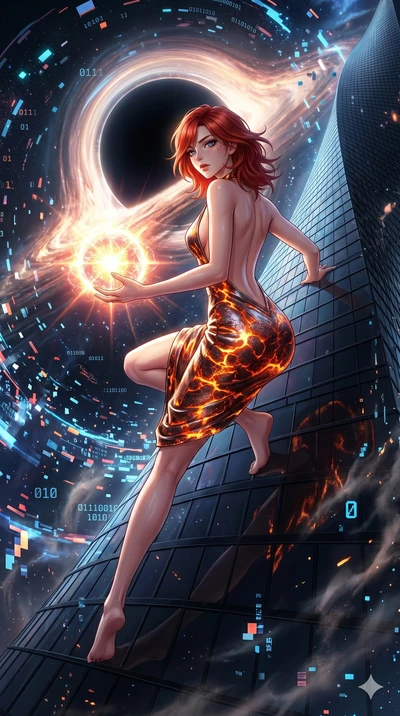 score_9, masterpiece, best quality, ultra-detailed, Set A: High-budget Anime Keyframe, Japanese woman. Low angle cowboy shot filling the entire 9:16 frame with her statuesque presence. Theme: Historical Remix. sliding down a glass skyscraper in the e