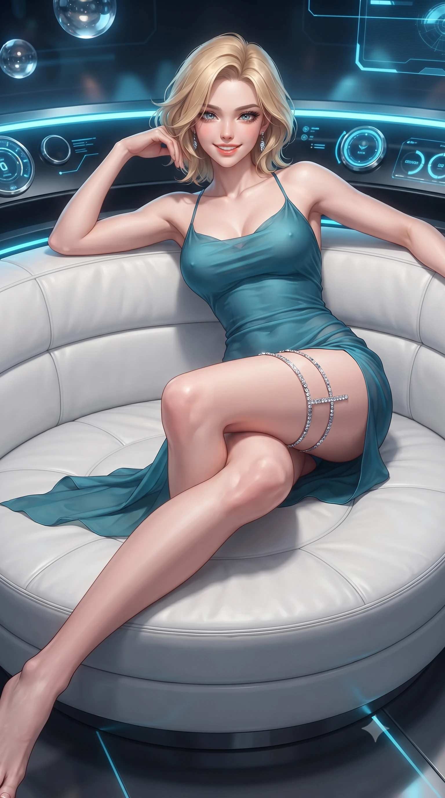 score_9, masterpiece, best quality, ultra-detailed, high-budget anime keyframe, editorial fashion photography, tasteful artistic composition, Caucasian woman. close-up cowboy shot from the waist and thighs up, the character dominates the composition, filling the frame with her large presence. perched sideways on the lounge seat, one knee drawn up to showcase her slender leg line while her arched back accentuates her feminine hip curve while lounging gracefully across the circular white leather captain lounge propped on one elbow with legs extended, displaying her long slender limbs and statuesque hourglass silhouette. The surrounding environment is rendered in vivid detail and crisp panoramic clarity: sharp curved smart-glass panel seams, polished chrome instrument bezels, and holographic vector lines in deep focus. She has an exceptionally elegant, slender, and willowy female figure with an ultra-slim waist, flat toned midriff, narrow ribcage, and sculpted feminine hips creating an alluring, slim hourglass silhouette without bulk. sharp v-shaped jawline, high-bridge nose, intricate jewel-like sparkling eyes with depth, thick eyelashes, glossy parted lips with a natural peach sheen, bright cheerful beaming smile with an enchanting and coquettish sensual glint, exuding both youthful cute charm and seductive allure, flawlessly proportioned anatomical accuracy, strict slender model proportions, natural body alignment, perfectly sculpted long slender limbs, ultra-slim waistline, clean dynamic posture without body distortion. wearing a form-contouring gossamer silk chiffon combat slip dress with a hip-high slit and open cowl back clinging with dewy moisture in Europa abyssal turquoise and ice-shelf diamond, made of fluid liquid jersey with seamless sculpting hold and smooth contours, finished with delicate crystal-encrusted thigh garter straps glinting in the dim light, the glove-like clinging cut tightly following the natural contour of her hips and long slender legs with youthful 8.5-heads elegance. illuminated by spherical glass reflection bounce and sharp sapphire-cyan rim lights defining her razor-sharp jawline, narrow waist, and curvy hips. ultra-reflective glossy finish, specular highlights, rich textural contrasts, high-contrast stereoscopic depth, volumetric dynamic lighting, 2k, ultra detail, master piece, 9:16 ratio