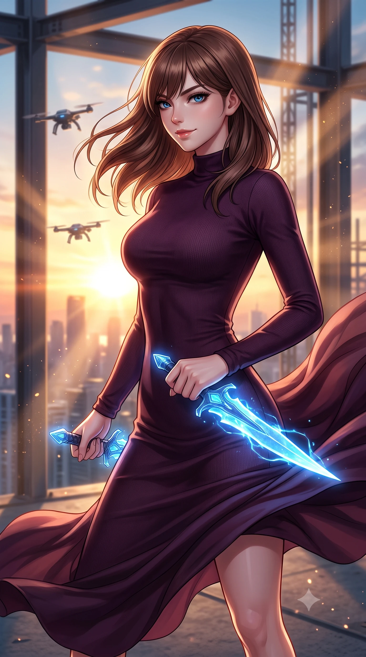 score_9, masterpiece, best quality, ultra-detailed, high-budget anime keyframe, editorial fashion photography, tasteful artistic composition, Korean woman. close-up cowboy shot from the waist and thighs up, the character dominates the composition, filling the frame with her large presence, background elements kept in soft focus. Drawing a twin set of energy daggers with a quiet, menacing smile and a sharp sidelong glare. set against a soft-focus background of the open edge of a skyscraper construction site, hover-drones flying between metal girders against a bright sunset skyline. She has an exceptionally elegant and slender, willowy female figure with an ultra-slim waist, a gracefully sculpted slender torso, and a refined slim physique. sharp v-shaped jawline, high-bridge nose, intricate jewel-like eyes with depth, thick eyelashes, glossy lips with a natural sheen. wearing the lightweight fabric rippling and billowing dramatically with her movement, a slim-fit sleek mock-neck bodycon midi dress in a deep aubergine knit, contouring her willowy torso. highly saturated vibrant anime colors, intense vivid color palette, soft 3D volumetric shading, volumetric dynamic lighting, golden hour sunlight streaming in warm shafts with floating dust particles catching the light. 2k, ultra detail, master piece, 9:16 ratio